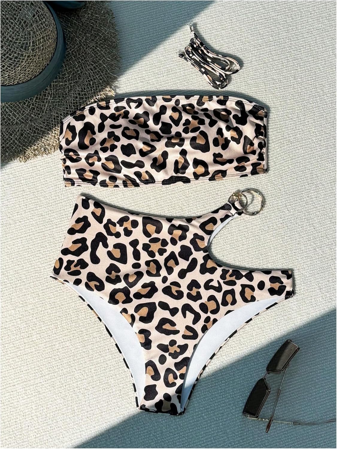 SweatyRocks Women's Leopard Print Bandeau Bikini Cut Out Strapless High Waisted 2 Piece Bathing Suit