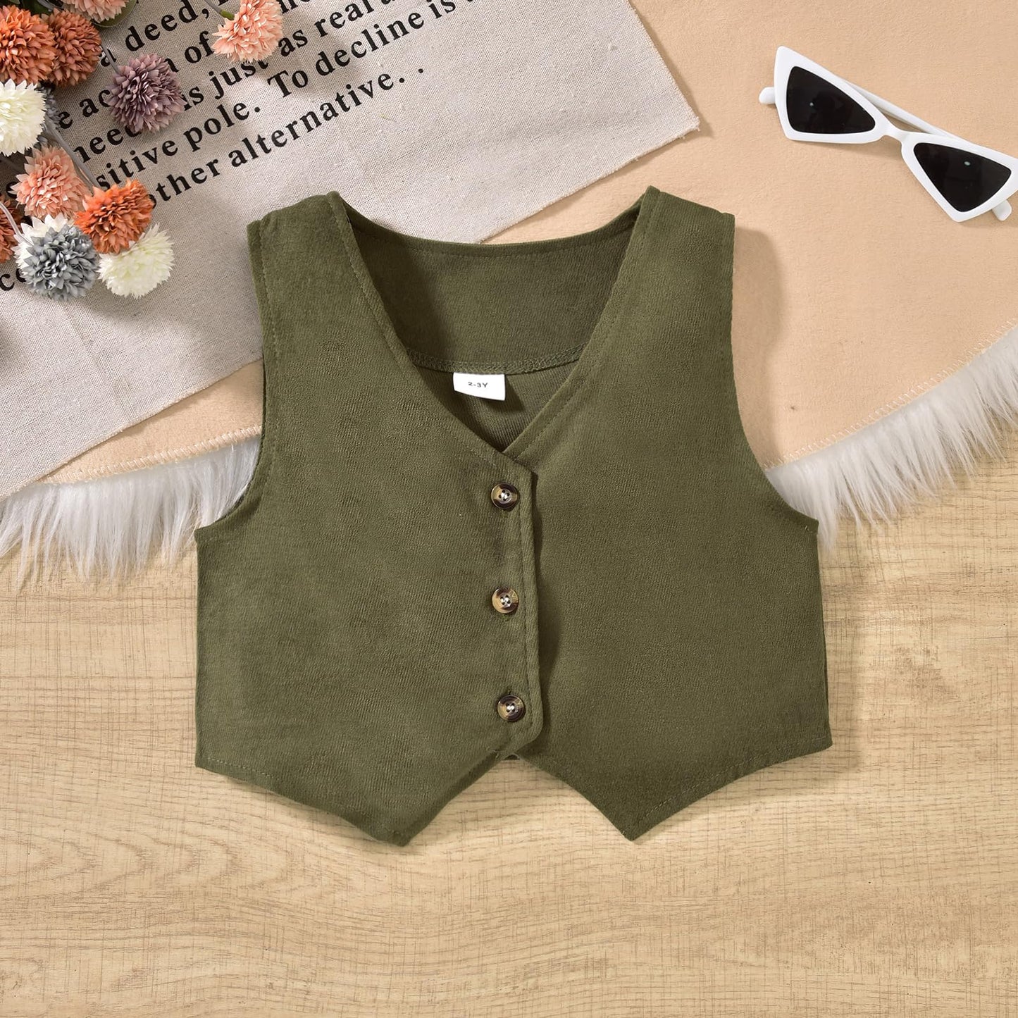 HINTINA Toddler Little Girl Sleeveless Button Vest Ribbed Long Sleeve Collar Top And Pleated Skirt With Belt