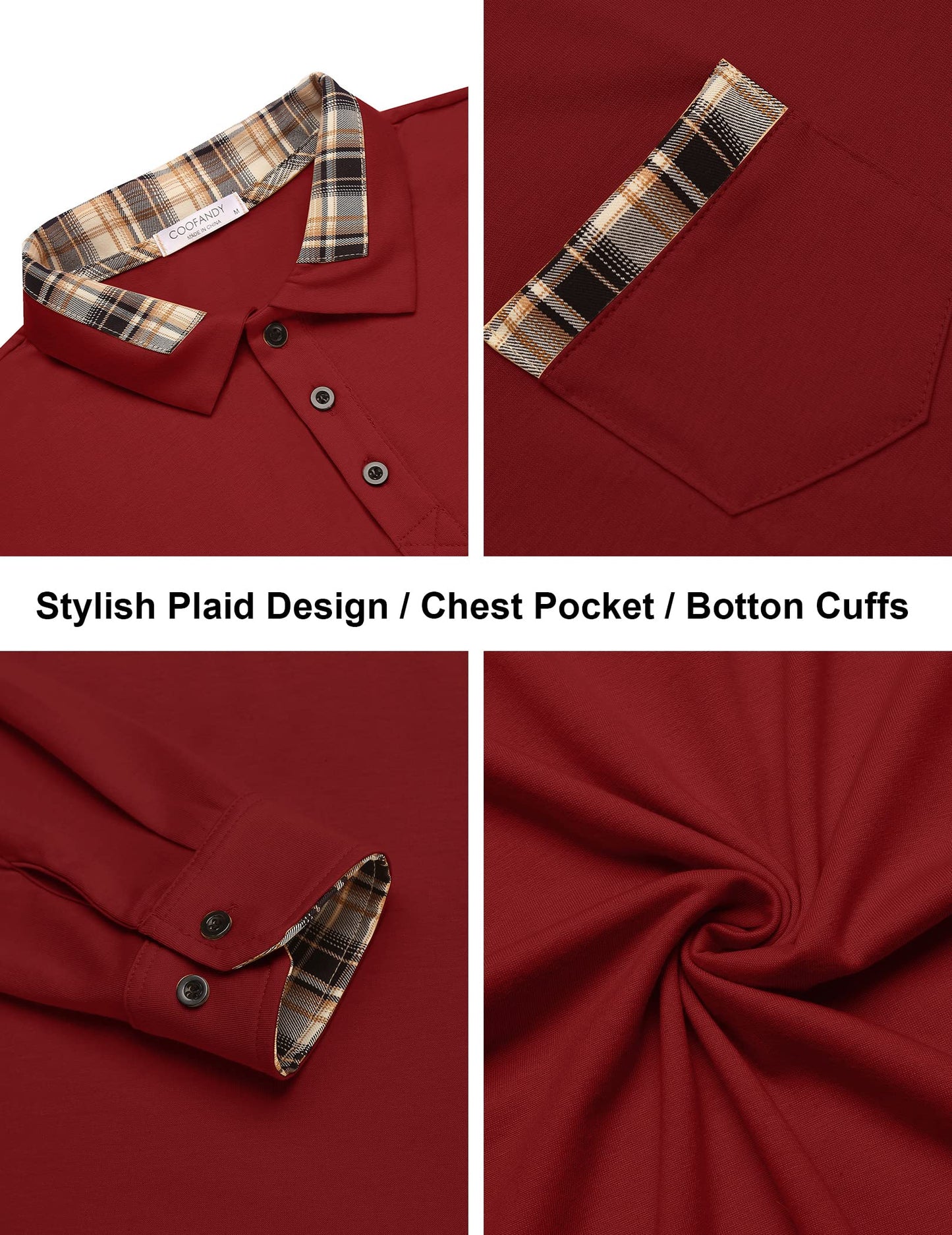 COOFANDY Men's Casual Polo Shirt Long Sleeve Classic Plaid Button Tees with Pockets