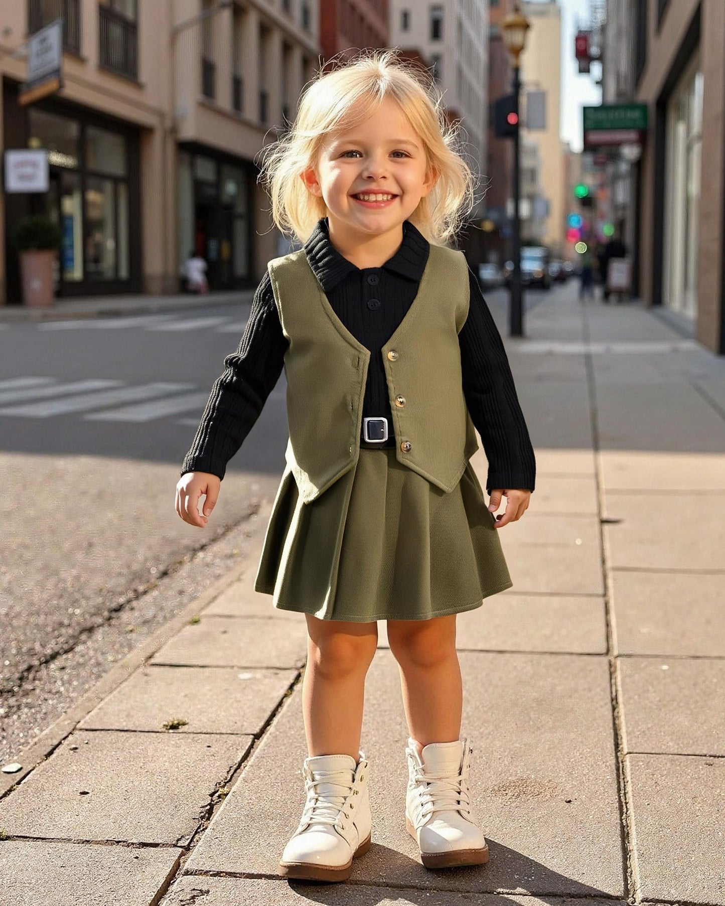HINTINA Toddler Little Girl Sleeveless Button Vest Ribbed Long Sleeve Collar Top And Pleated Skirt With Belt