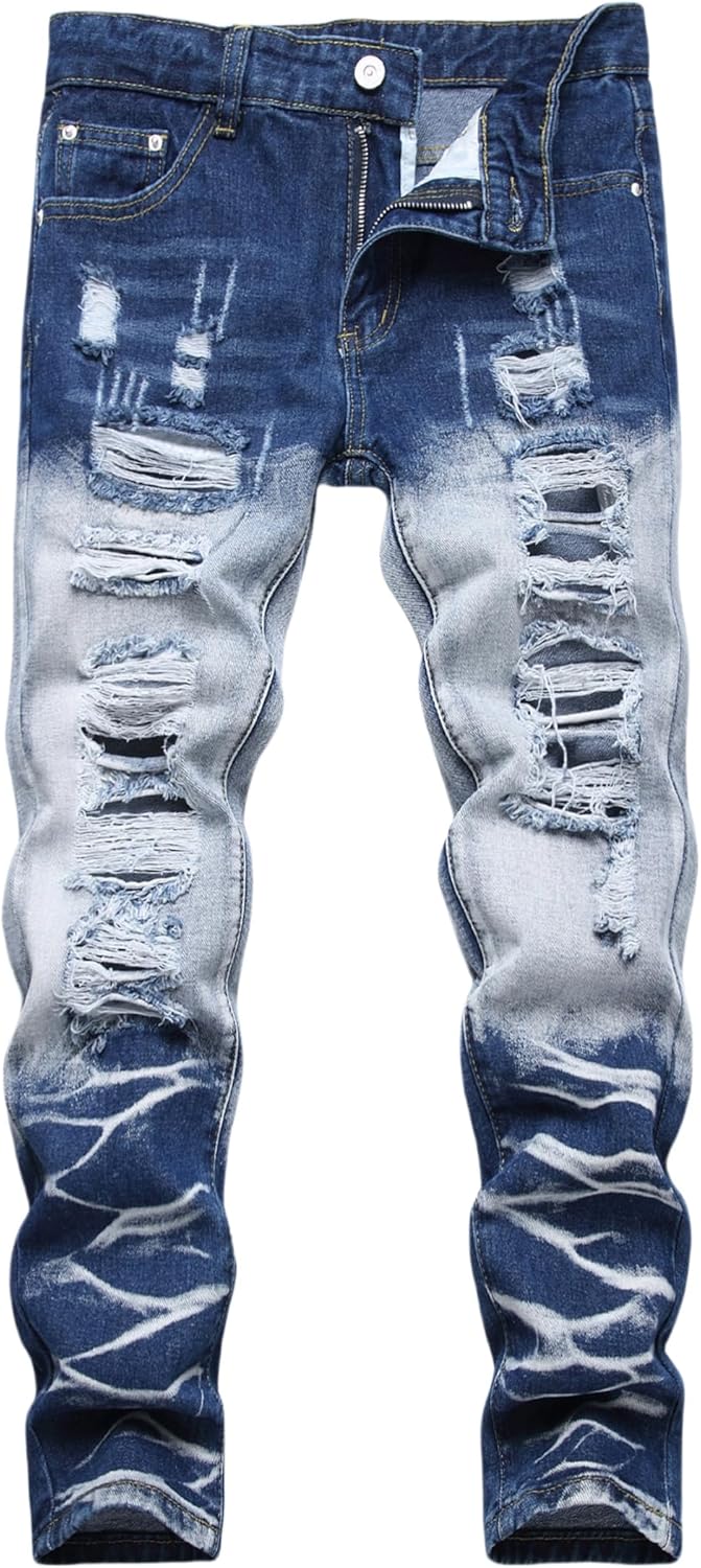 Boy's Ripped Jeans Stacked Skinny Fit Destroyed Distressed Fashion Comfy Denim Jeans Pants