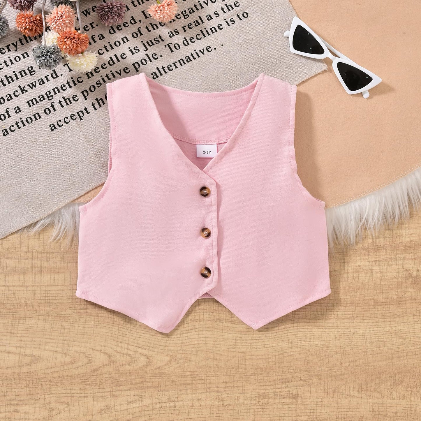 HINTINA Toddler Little Girl Sleeveless Button Vest Ribbed Long Sleeve Collar Top And Pleated Skirt With Belt