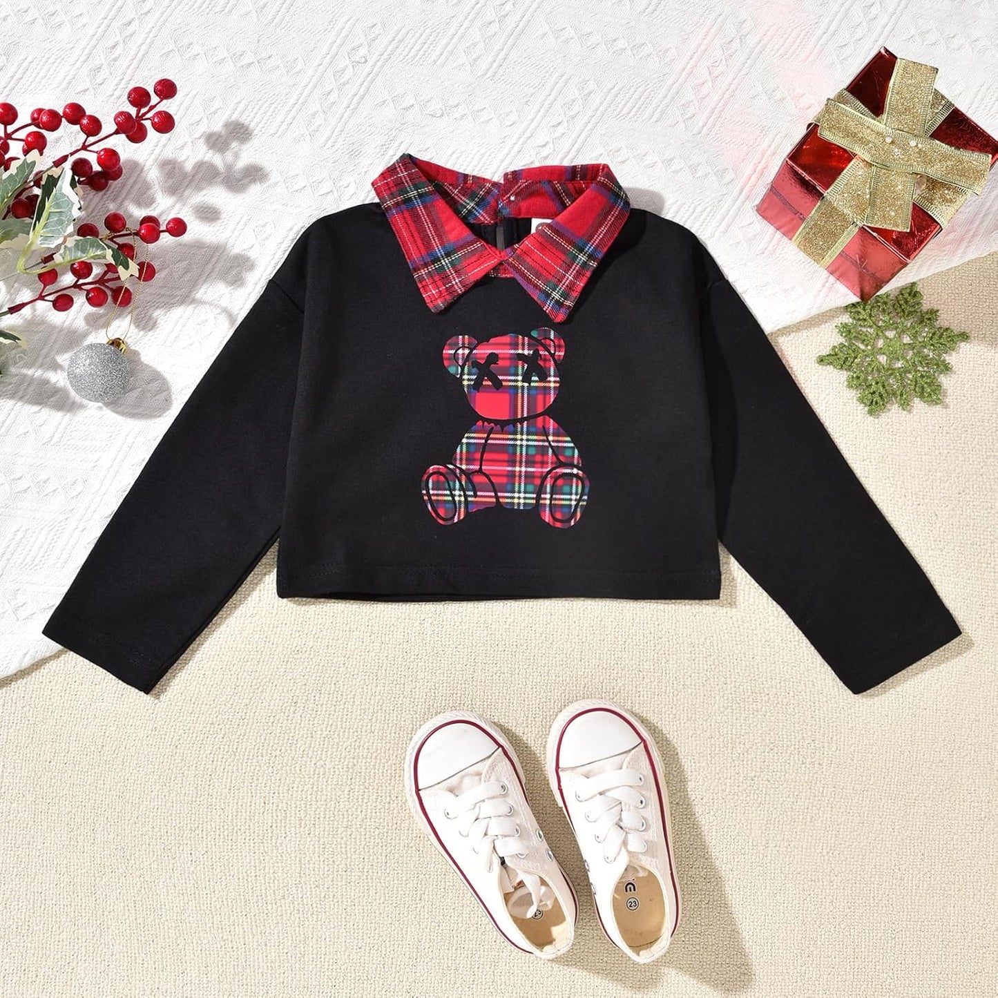HINTINA Toddler Little Girl Letter Print Sweatshirt Top Plaid Skirt Pants Fall Winter Outfits