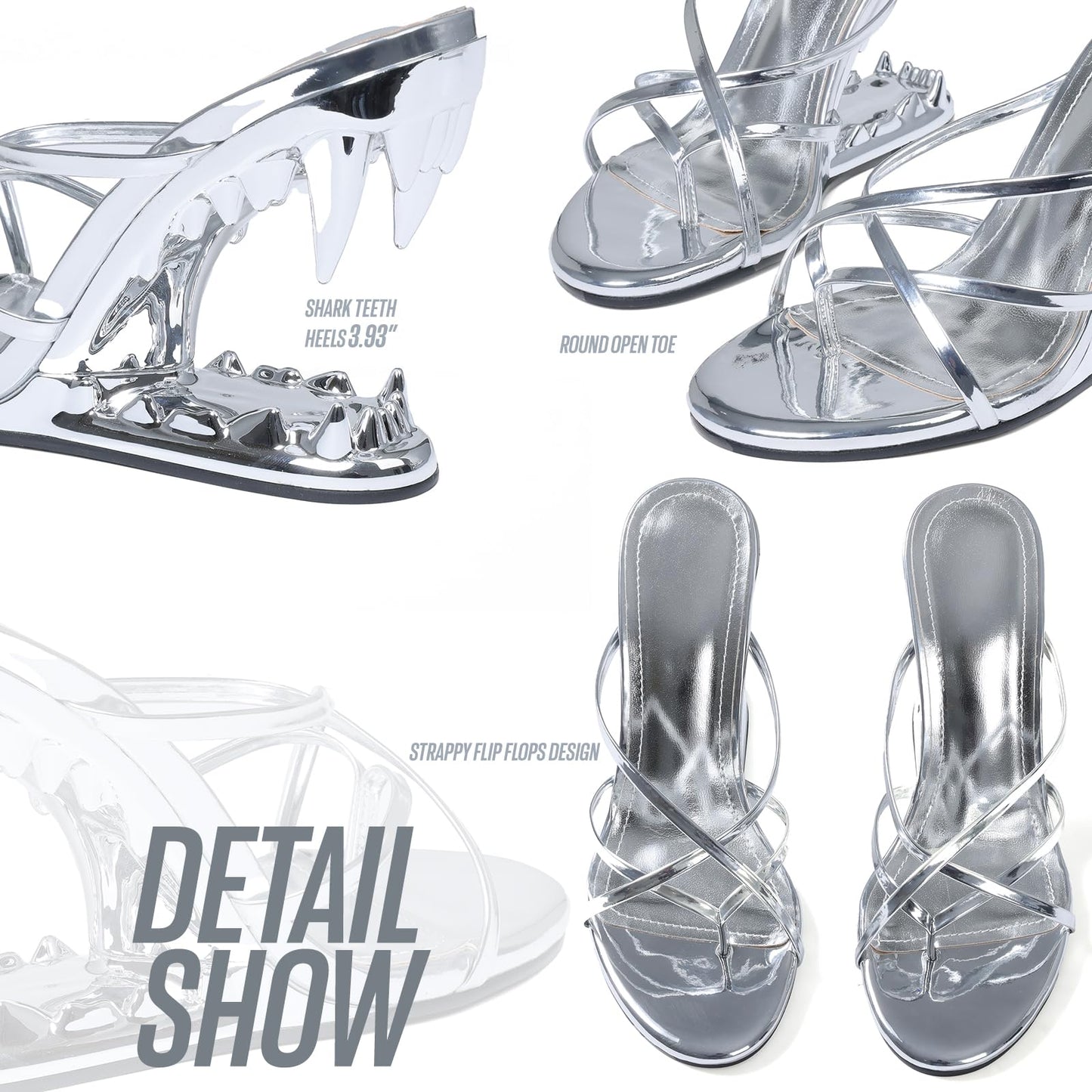 Goiphrri Wedge Sandals for Women Strappy Heels Round Open Toe Heels Metallic Shark Tiger Teeth heeled Sandals Flip Flops Thong Womens Mules Slip on Party Dress Wedding Ceremony