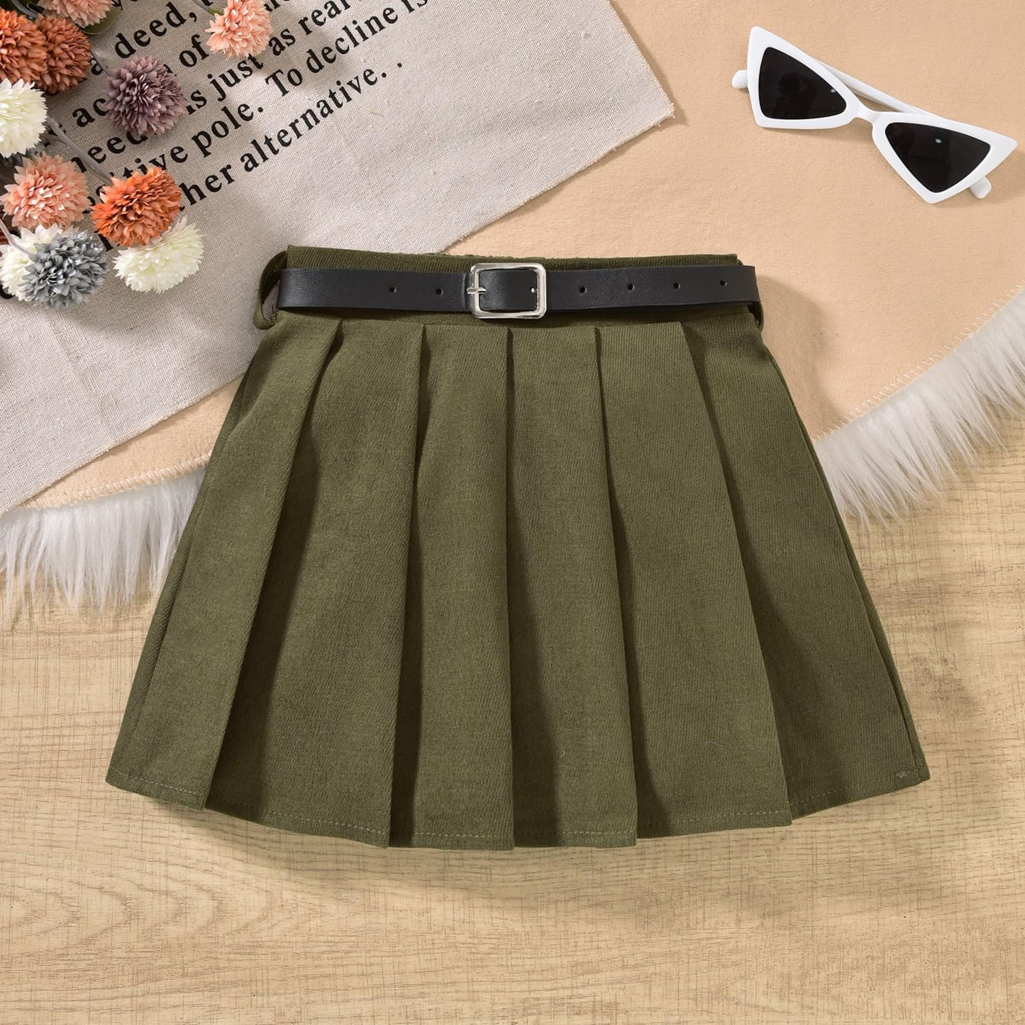 HINTINA Toddler Little Girl Sleeveless Button Vest Ribbed Long Sleeve Collar Top And Pleated Skirt With Belt