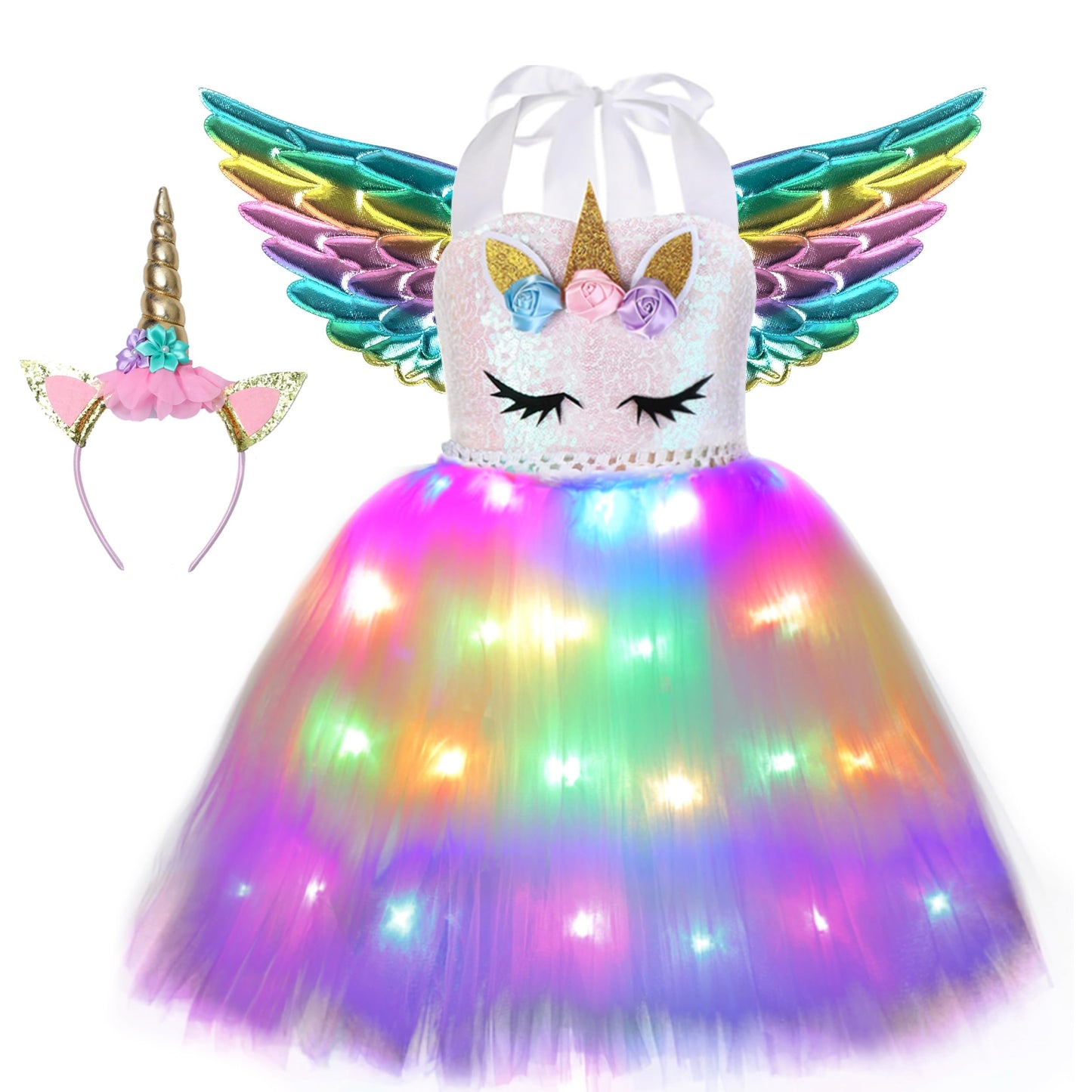Soyoekbt Girls Unicorn Costume LED Light Up Unicorn Dress Birthday Party Princess Dress for Halloween Party