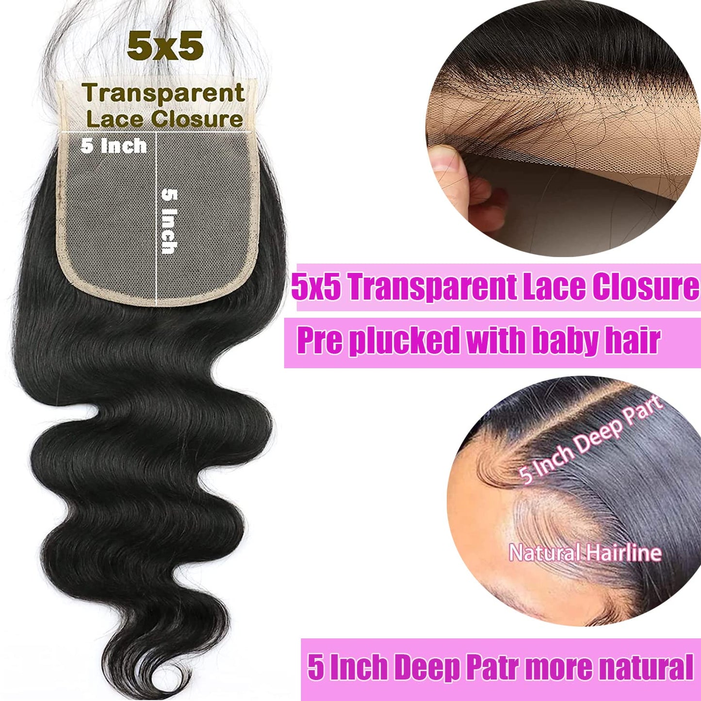 Hd Closure 5x5 Straight Closure 5x5 Transparent Lace Closure 12A Virgin Remy Human Hair Frontal Closure Pre Plucked With Baby Hair Natural Black Color(14inch)