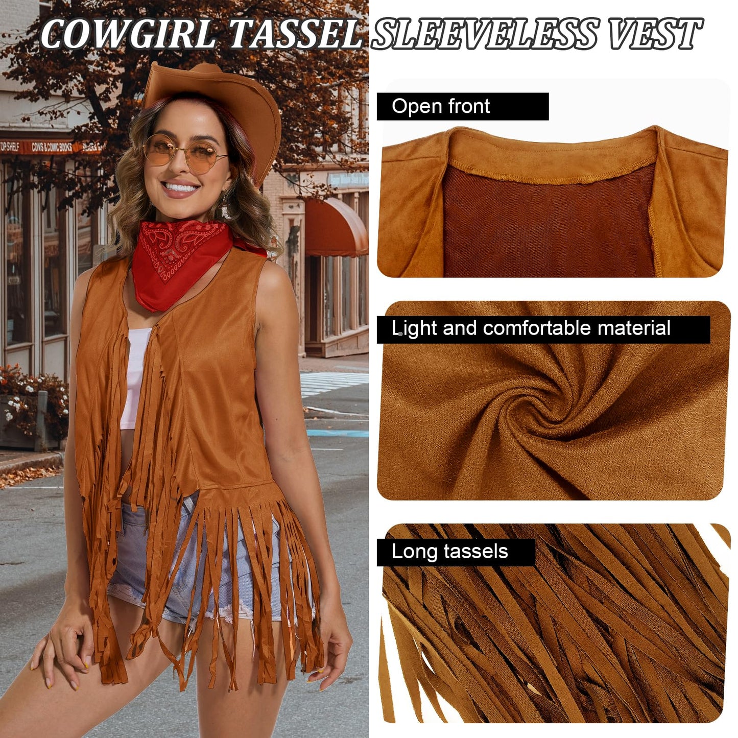 HyperFun Cowgirl Outfits for Women Western Costume Accessories Cowboy Hat Tassels Fringe Vest Earring Hippie Glasses Bandana