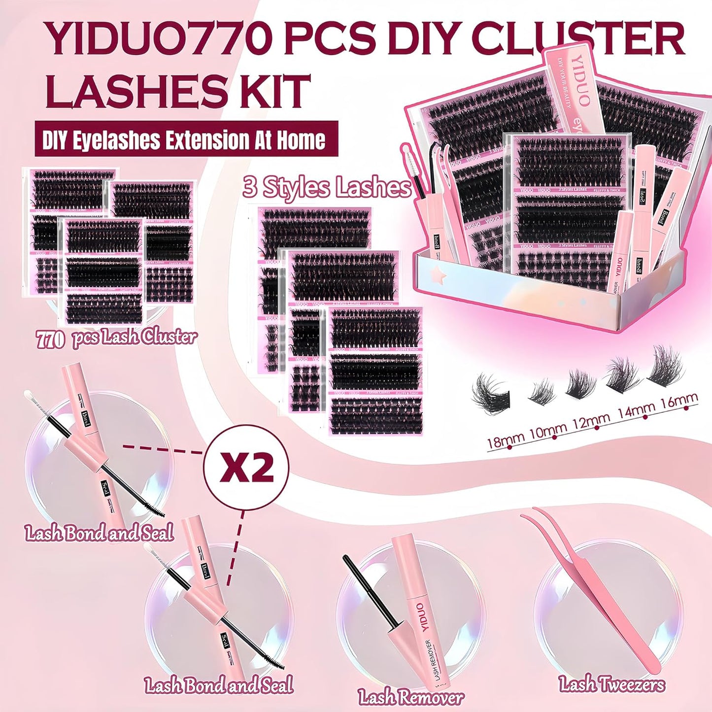 Lashes Clusters Lash Kit Gift Packs 770Pcs with 2X Bond&Seal 5 style Mixed C-Curl False Eyelashes Extensions Faux Mink Individual Lash Wholesale Pack DIY Individual Fake Eyelashes Box