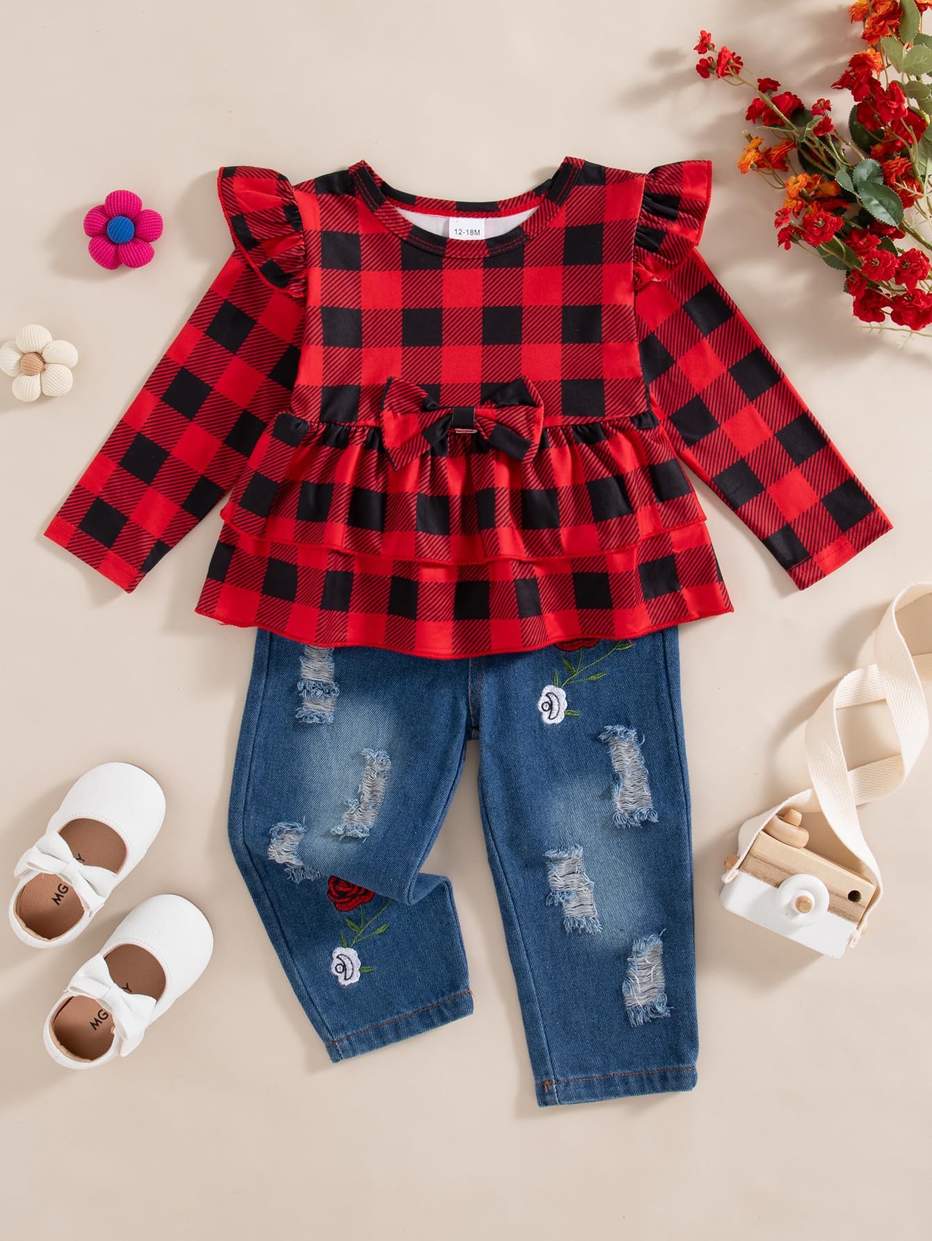 NZRVAWS Baby Girl Clothes Toddler Girl Outfits Infant Ruffle Shirt Denim Ripped Jeans Cute Clothing Set