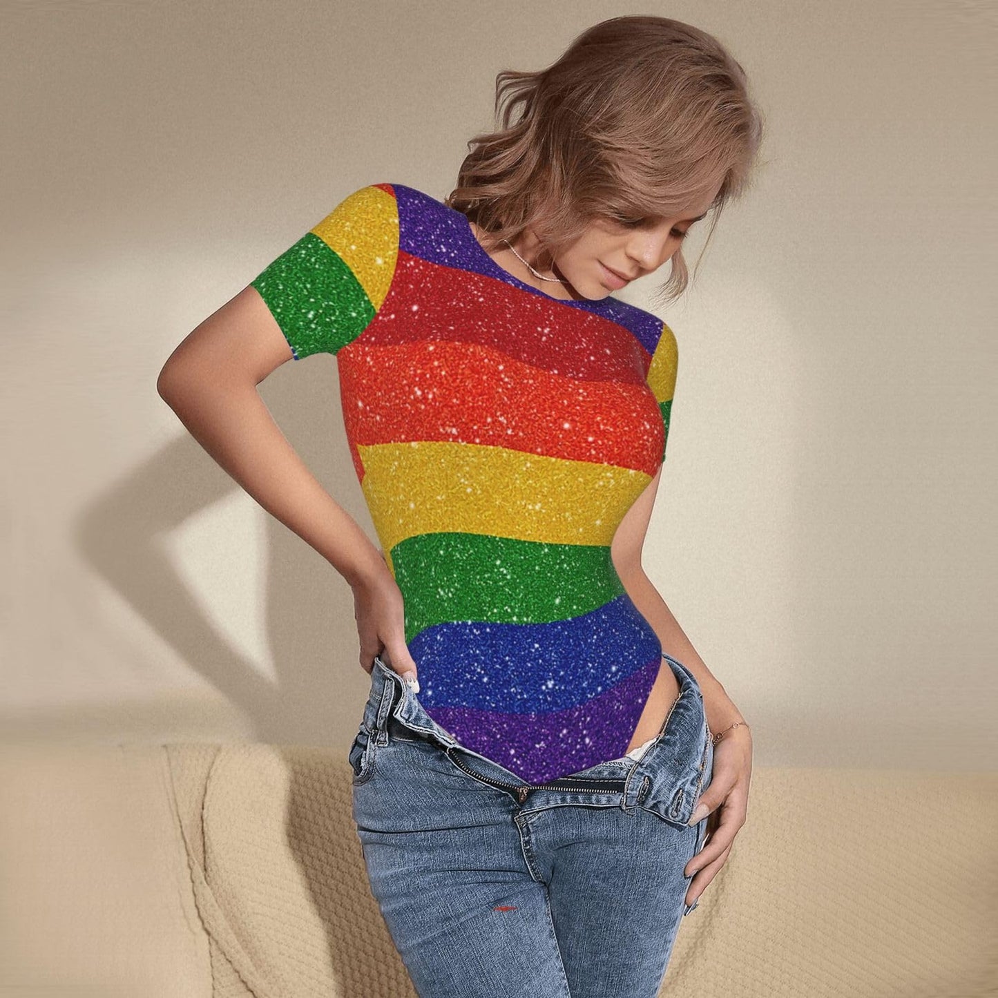 Serape Rainbow Stripes Mexican Pattern Women’s Short Sleeve Bodysuit Round Neck Onesie Stretchy One-Piece Jumpsuit