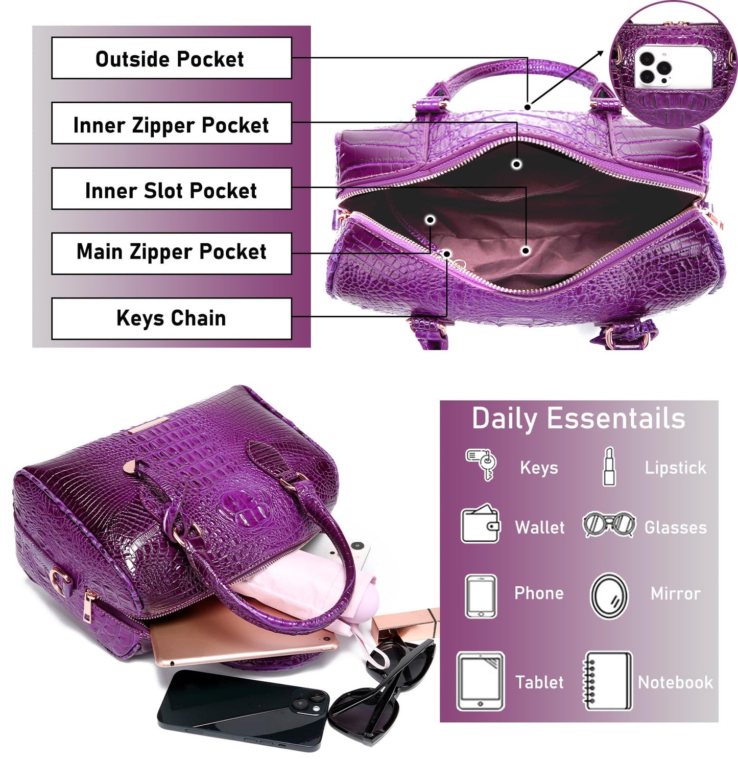 Top-Handle Crocodile Purses For Women Crossbody Leather Bags Trendy Large Capacity Tote with Shoulder Strap