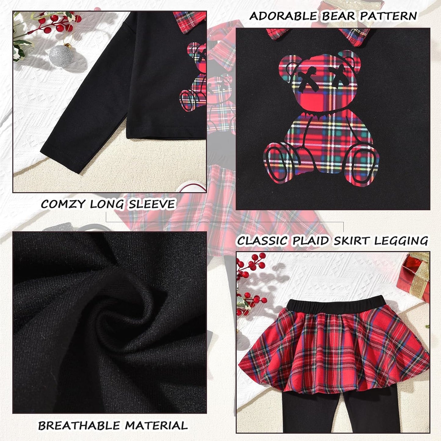 HINTINA Toddler Little Girl Letter Print Sweatshirt Top Plaid Skirt Pants Fall Winter Outfits