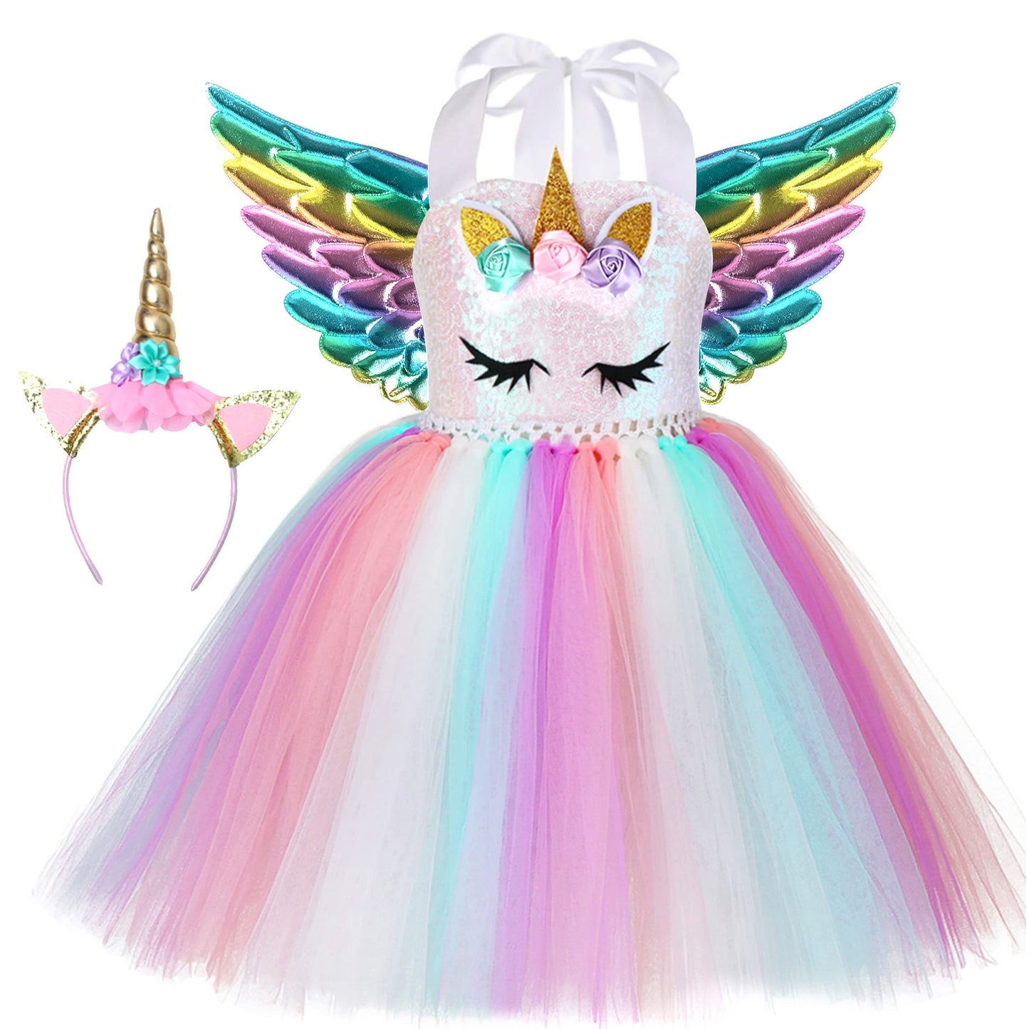 Soyoekbt Girls Unicorn Costume LED Light Up Unicorn Dress Birthday Party Princess Dress for Halloween Party
