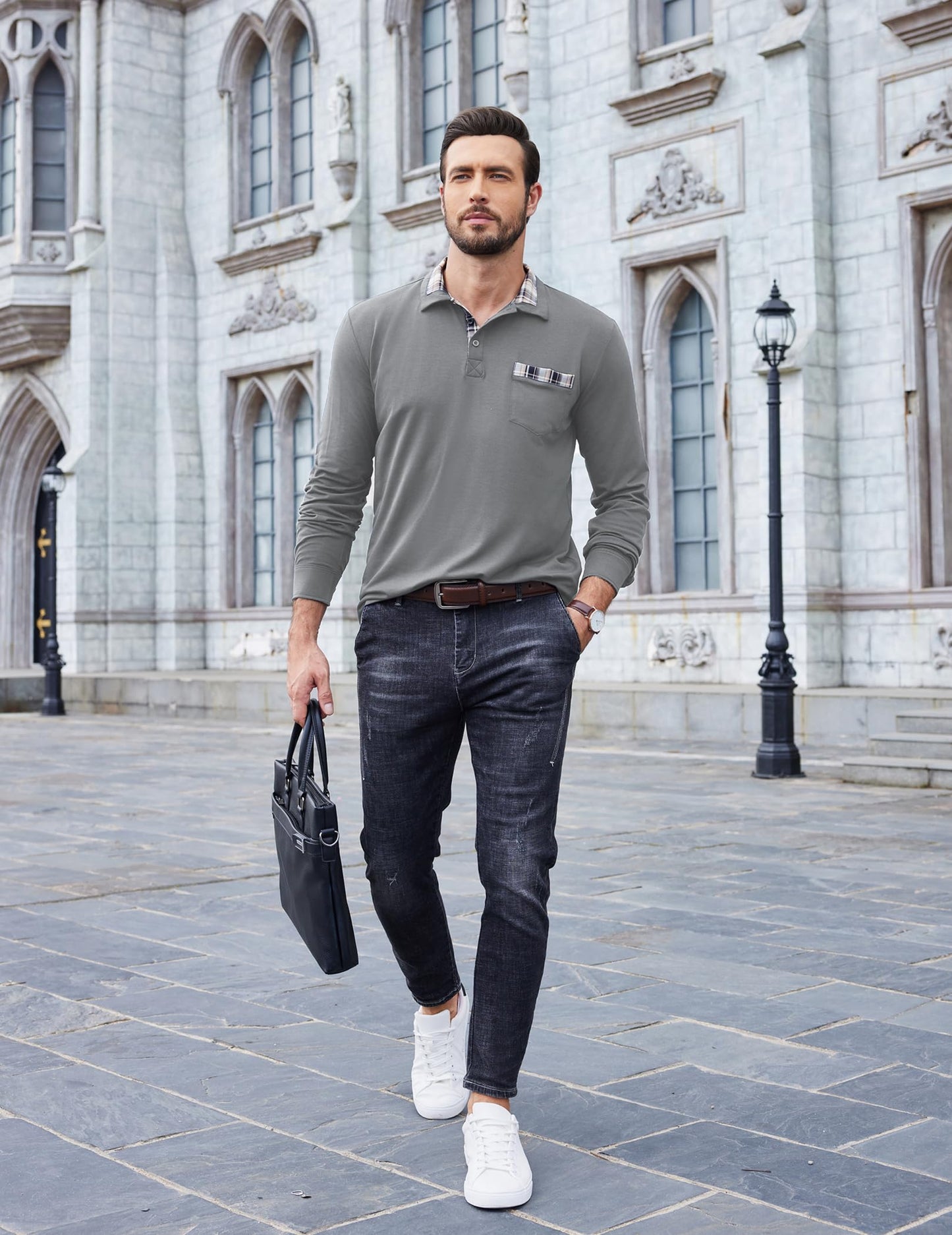 COOFANDY Men's Casual Polo Shirt Long Sleeve Classic Plaid Button Tees with Pockets