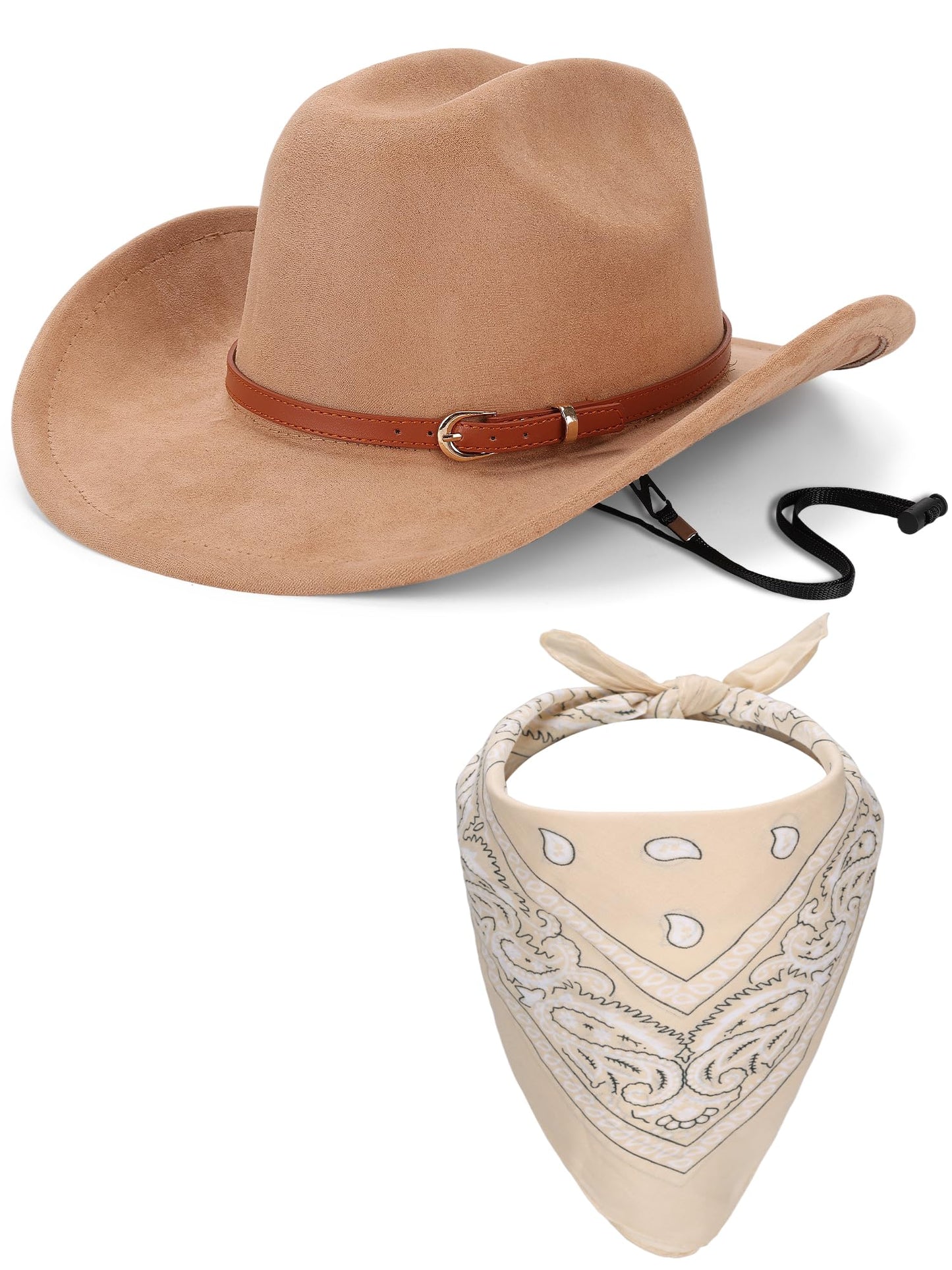 Ibeauti Cowboy Hat with Fringed Bandana Set for Women Wide Brim Western Cowgirl Hat Paisley Head Wrap Scarf