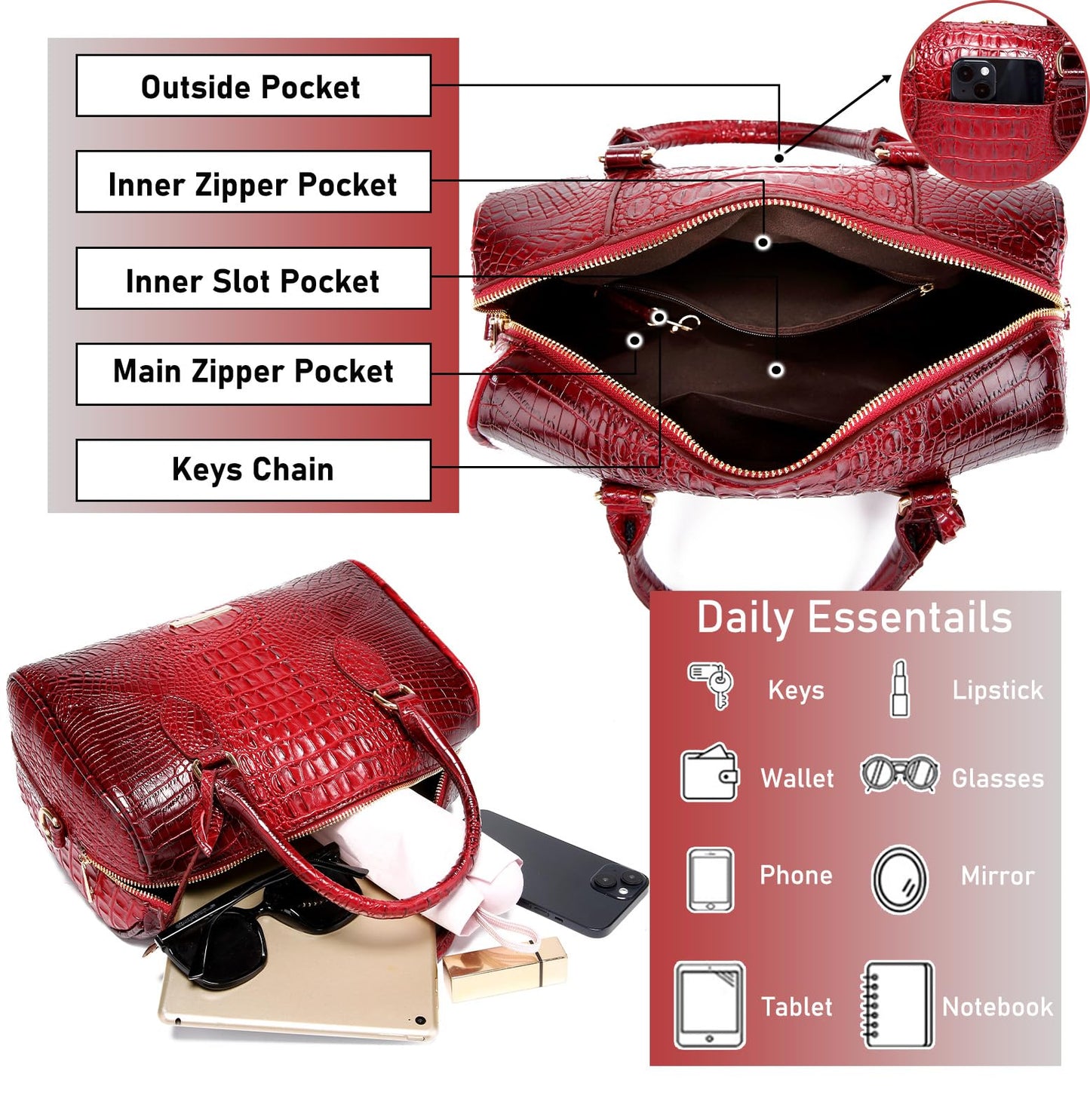 Top-Handle Crocodile Purses For Women Crossbody Leather Bags Trendy Large Capacity Tote with Shoulder Strap