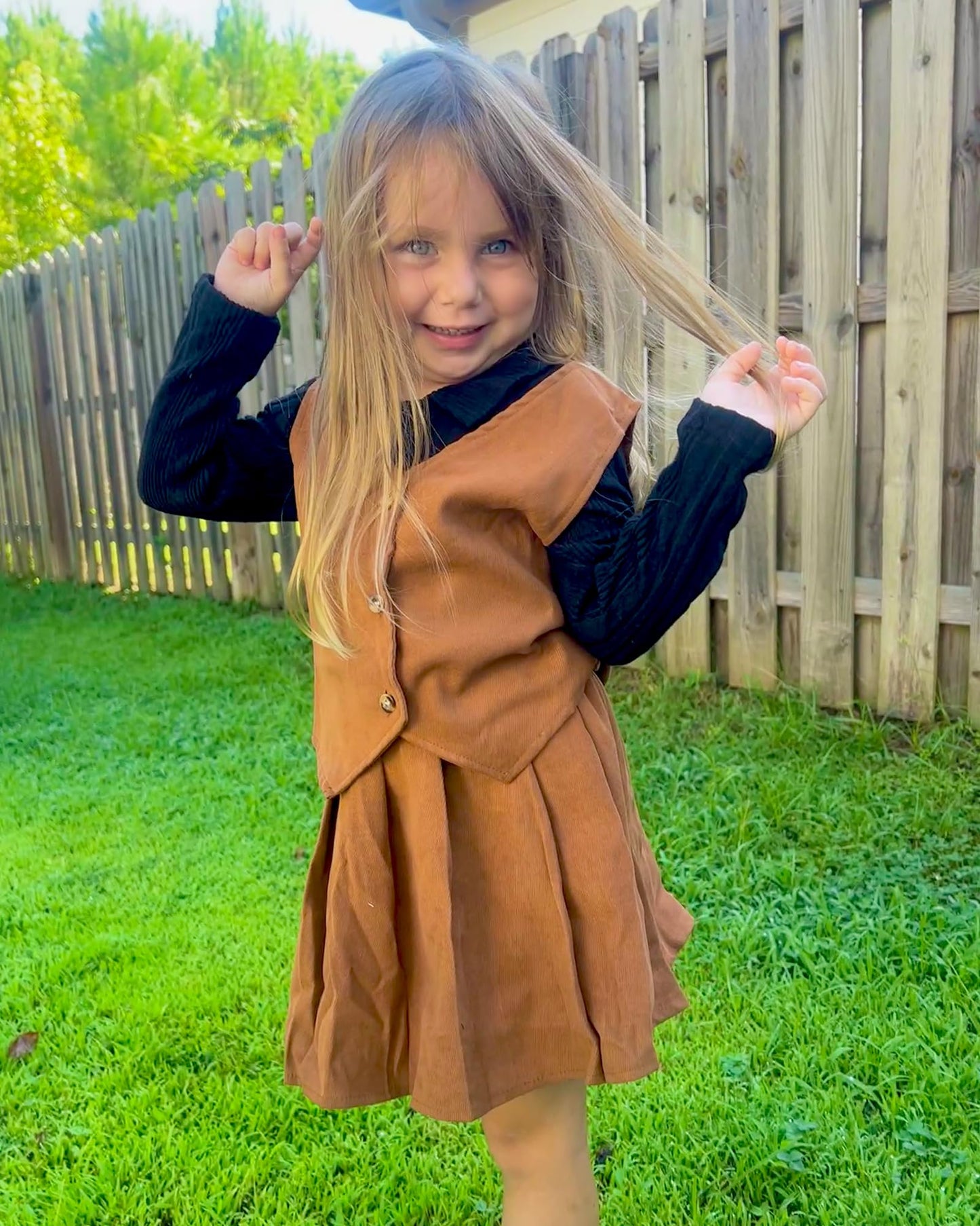 HINTINA Toddler Little Girl Sleeveless Button Vest Ribbed Long Sleeve Collar Top And Pleated Skirt With Belt