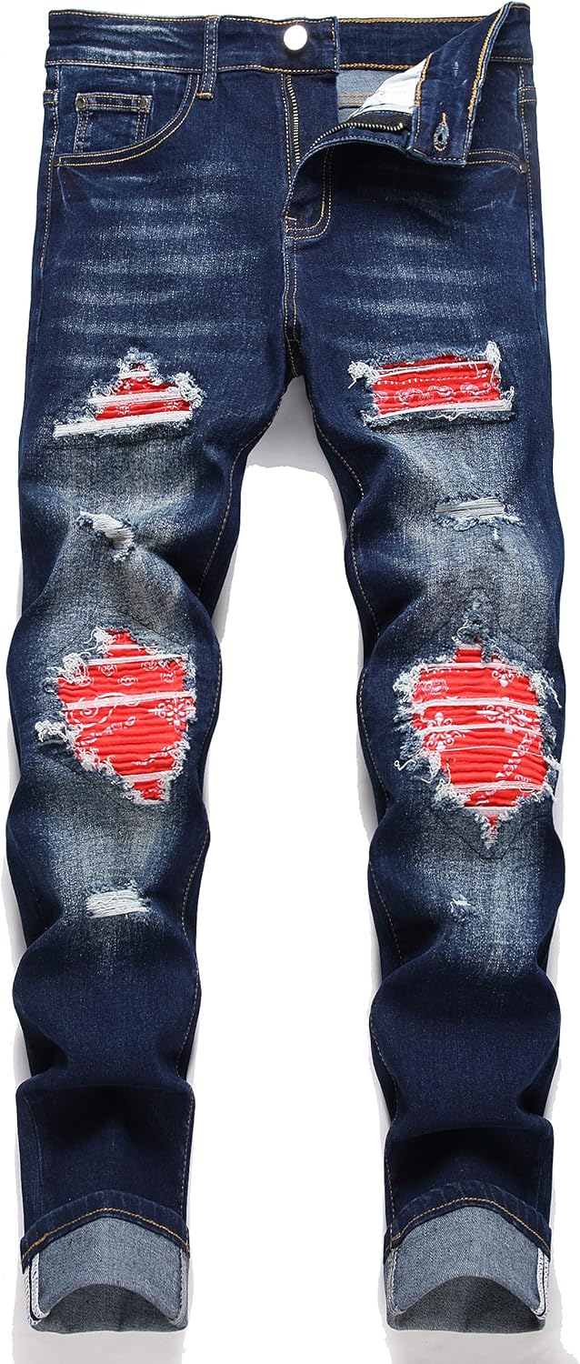 Men's Ripped Patch Elastic Jeans Fashion Slim Fit Regular Denim Pants