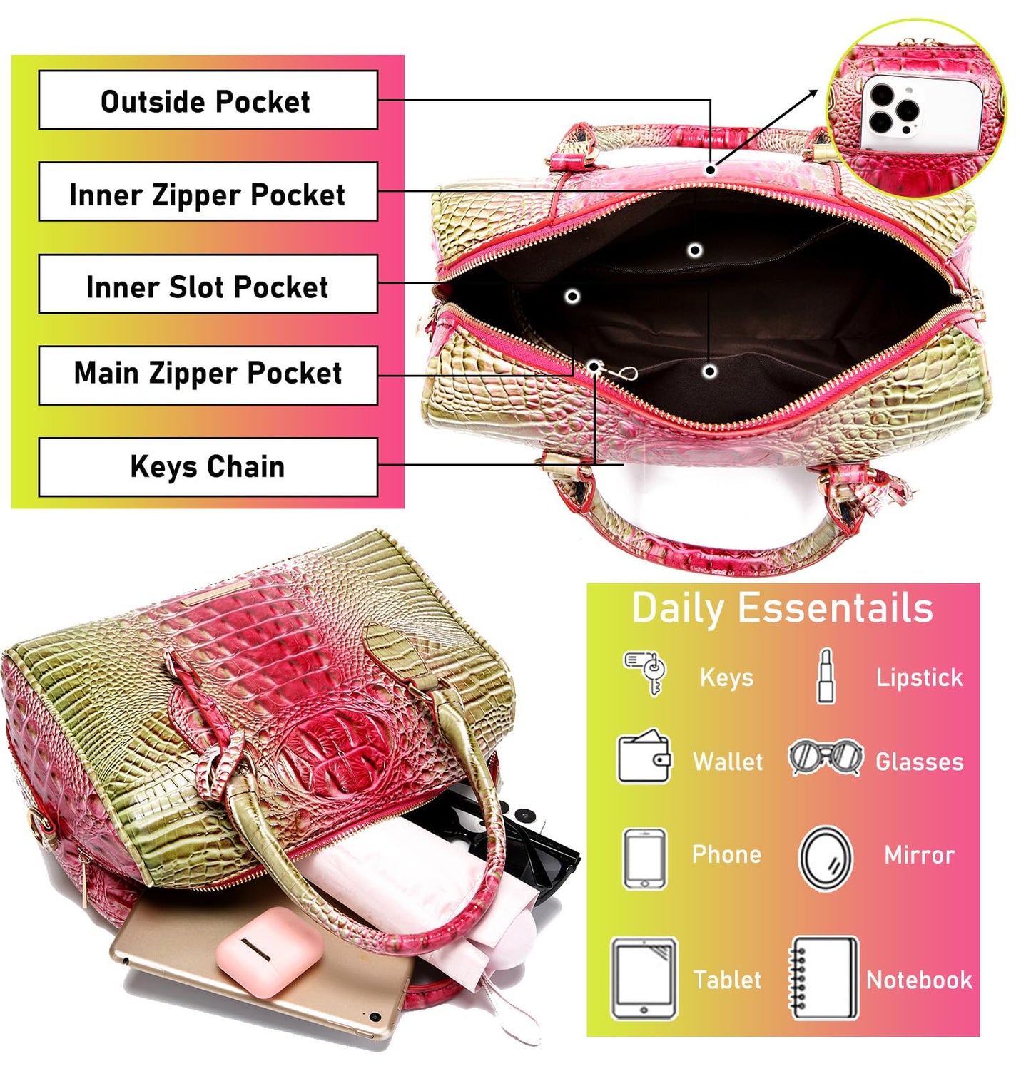 Top-Handle Crocodile Purses For Women Crossbody Leather Bags Trendy Large Capacity Tote with Shoulder Strap