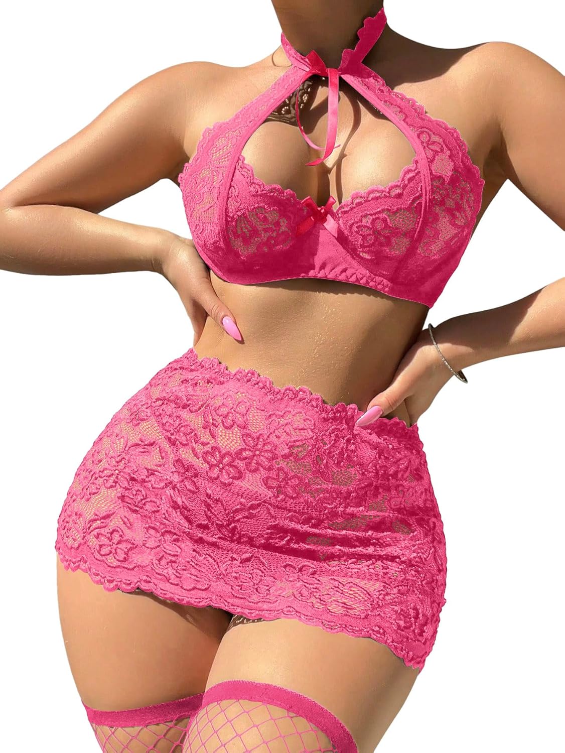 Sexy Cutout Halter Underwire Sheer Mini Skirt Stocking Lingerie Set 4 Piece Outfits