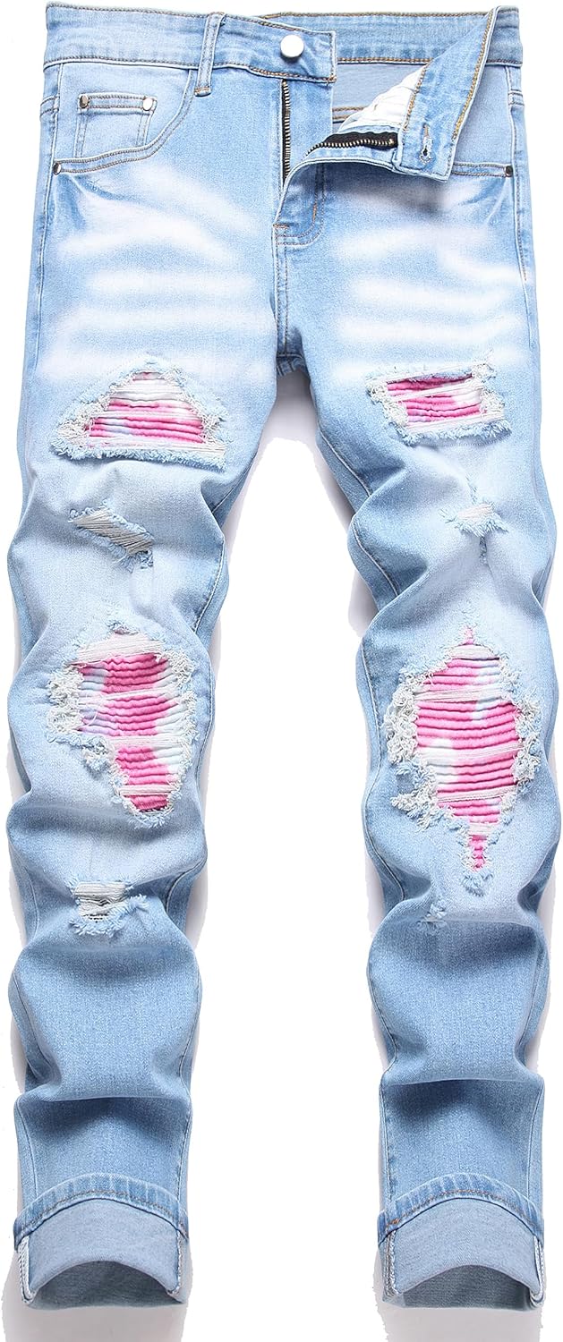 Men's Ripped Patch Elastic Jeans Fashion Slim Fit Regular Denim Pants