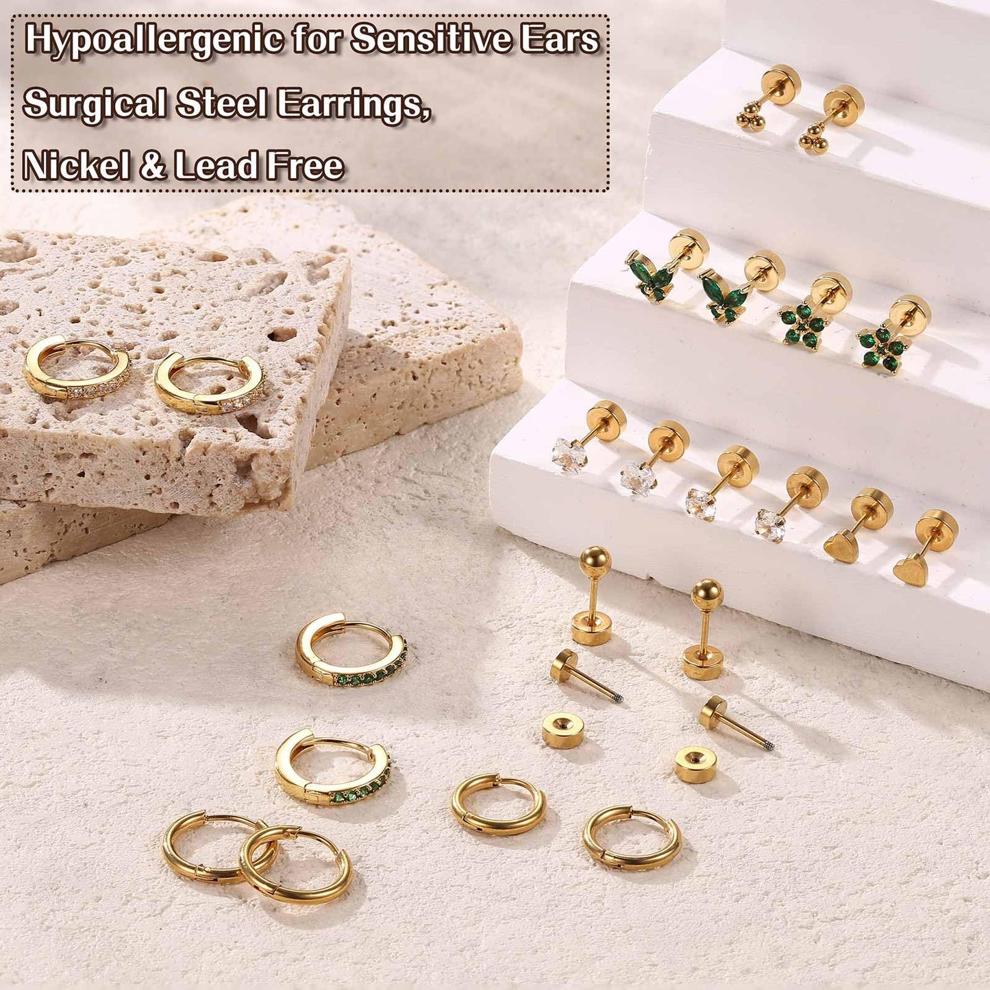 Jstyle Hypoallergenic Surgical Steel Earrings for Sensitive Ears 14K Gold Flat Back Earrings for Women Men Small Stainless Steel Earrings Flatback Stud Hoop Cartilage Earring Set for Multiple Piercing