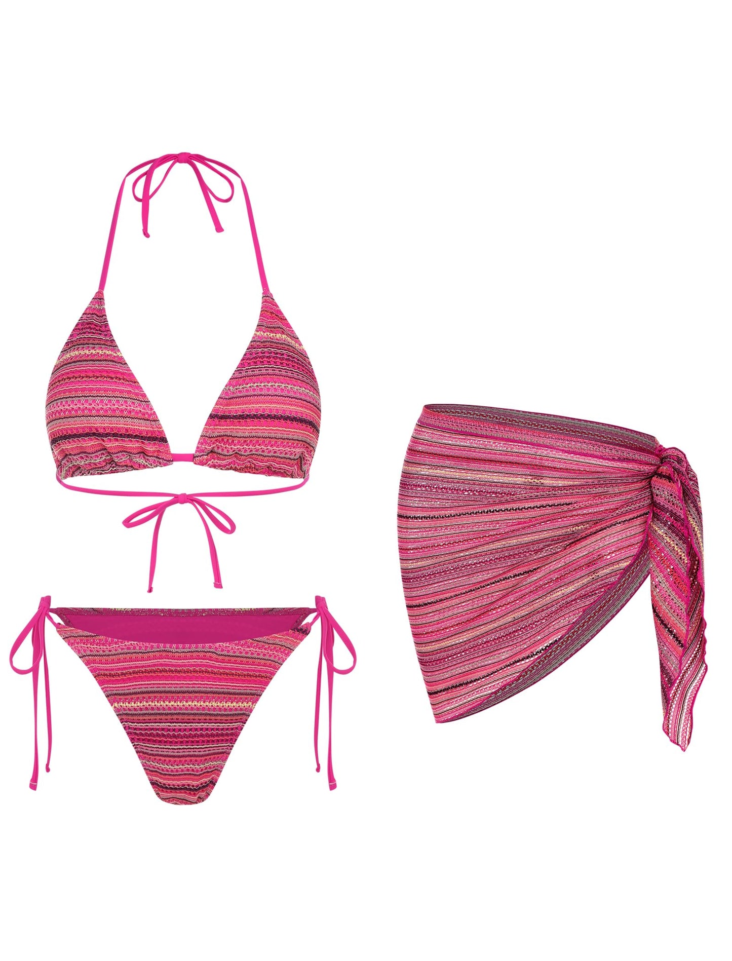 ZAFUL Womens 3pcs Swimsuit Floral Halter Triangle Bikini Top Tie Side Bottom with Long Sheer Cover Up Skirt
