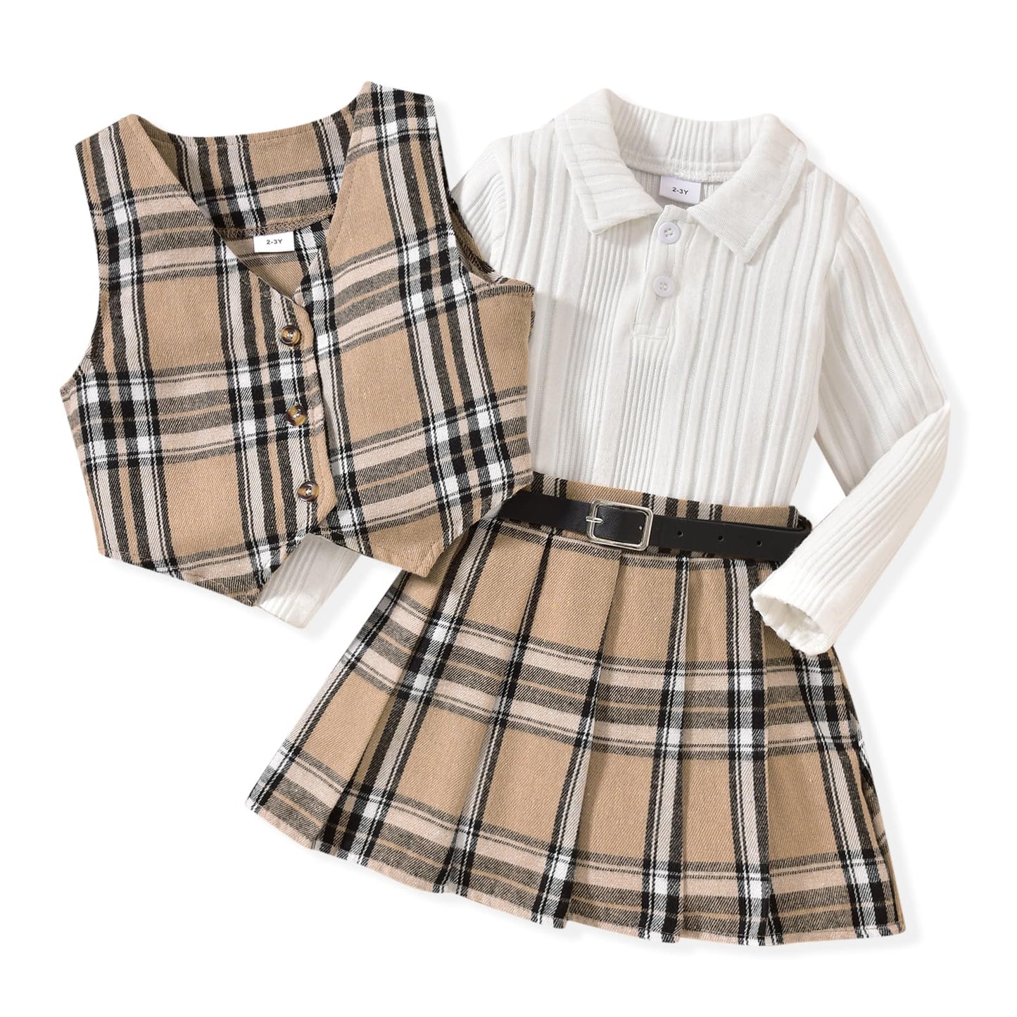 HINTINA Toddler Little Girl Sleeveless Button Vest Ribbed Long Sleeve Collar Top And Pleated Skirt With Belt