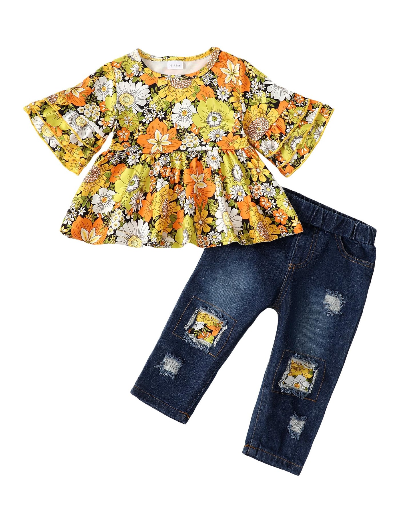 NZRVAWS Baby Girl Clothes Toddler Girl Outfits Infant Ruffle Shirt Denim Ripped Jeans Cute Clothing Set