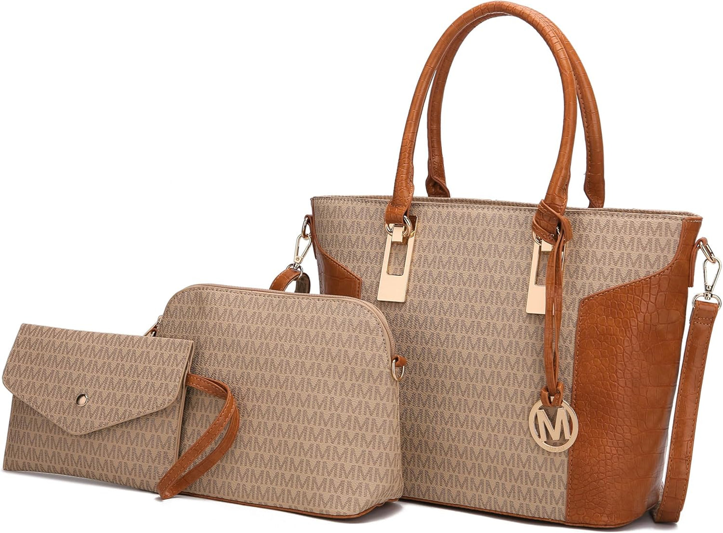 MKF Collection Shoulder Bag for Women, Crossbody Purse & Wristlet: PU Leather Satchel Pocketbook 3 PCs Handbag Set