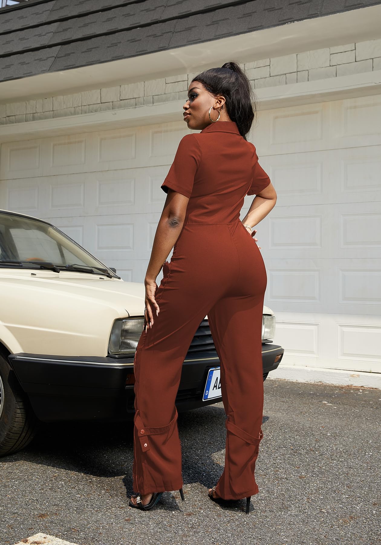 LKOUS Cargo Jumpsuits for Women Dressy, Sexy Short Sleeves V Neck Zipper One Piece Outfits with Pockets