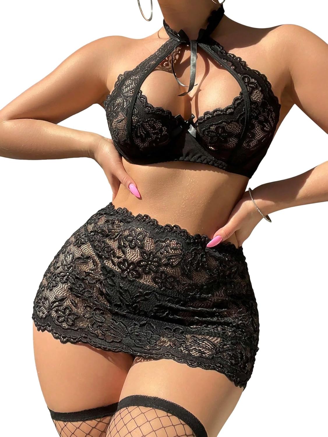 Sexy Cutout Halter Underwire Sheer Mini Skirt Stocking Lingerie Set 4 Piece Outfits