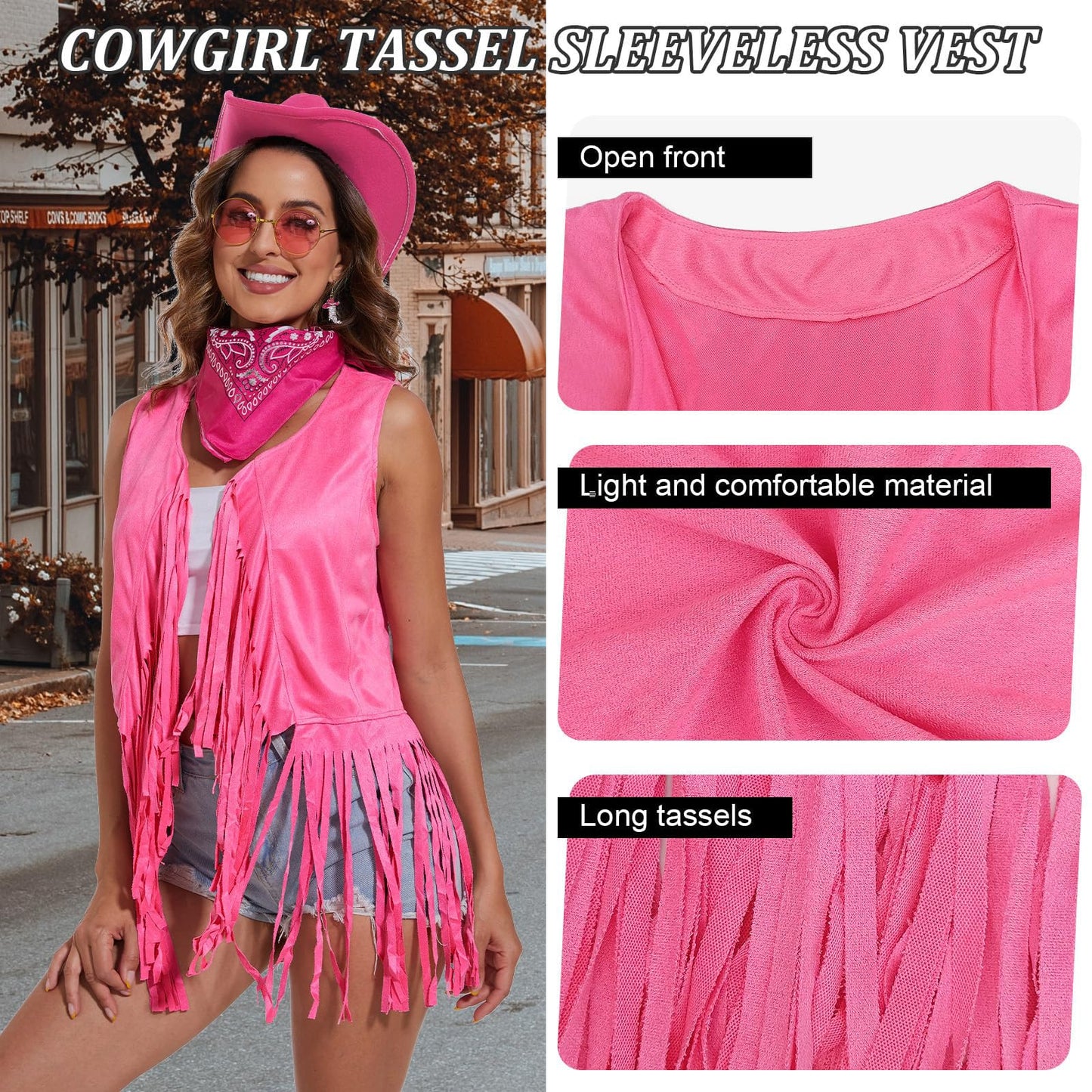 HyperFun Cowgirl Outfits for Women Western Costume Accessories Cowboy Hat Tassels Fringe Vest Earring Hippie Glasses Bandana