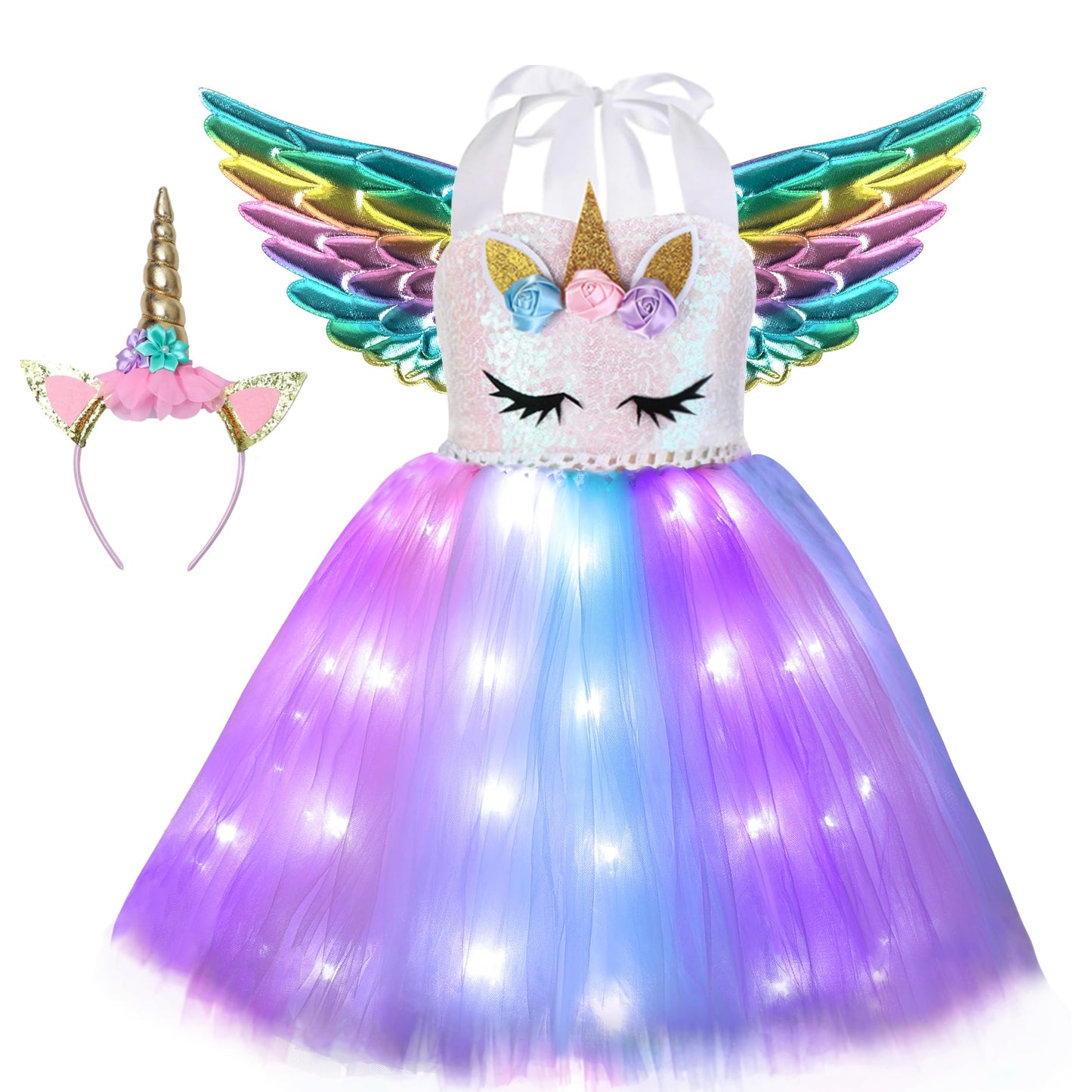 Soyoekbt Girls Unicorn Costume LED Light Up Unicorn Dress Birthday Party Princess Dress for Halloween Party