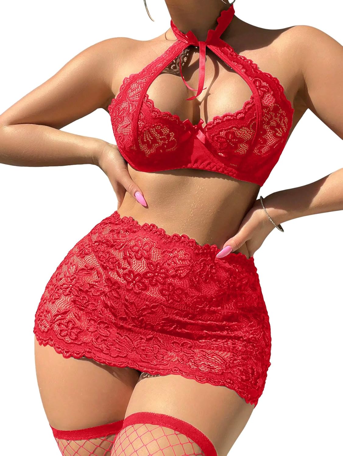 Sexy Cutout Halter Underwire Sheer Mini Skirt Stocking Lingerie Set 4 Piece Outfits