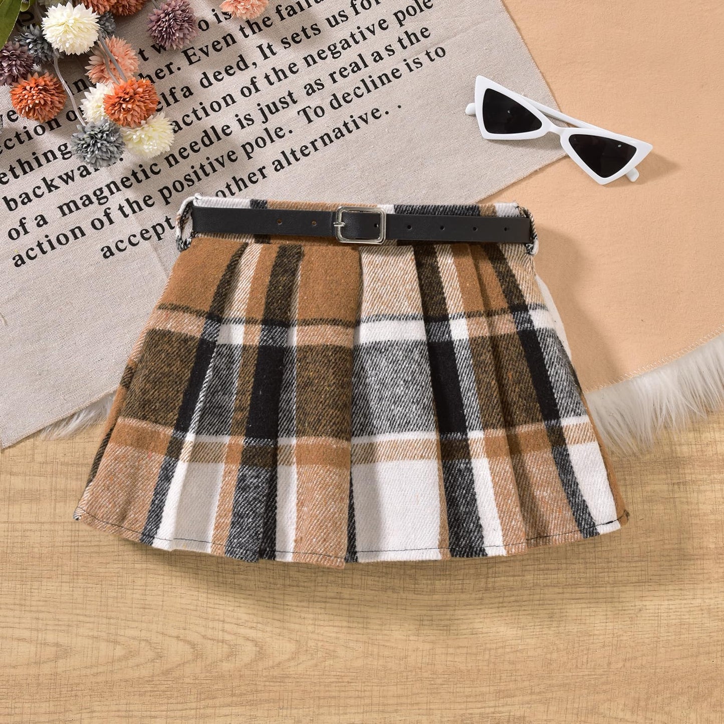 HINTINA Toddler Little Girl Sleeveless Button Vest Ribbed Long Sleeve Collar Top And Pleated Skirt With Belt