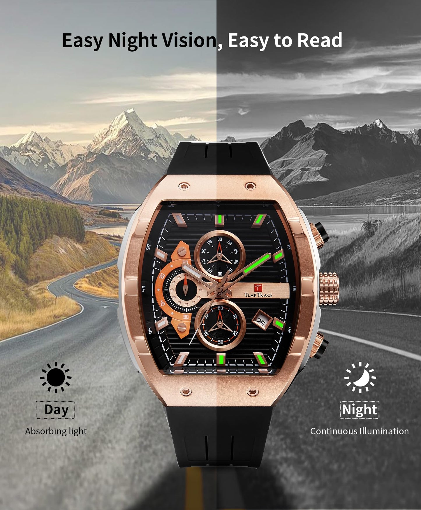 Watches for Men Analog Quartz Waterproof Sport Men’s Watch Tonneau Chronograph Luminous Fashionable Unique Casual Watch with Silicone Strap