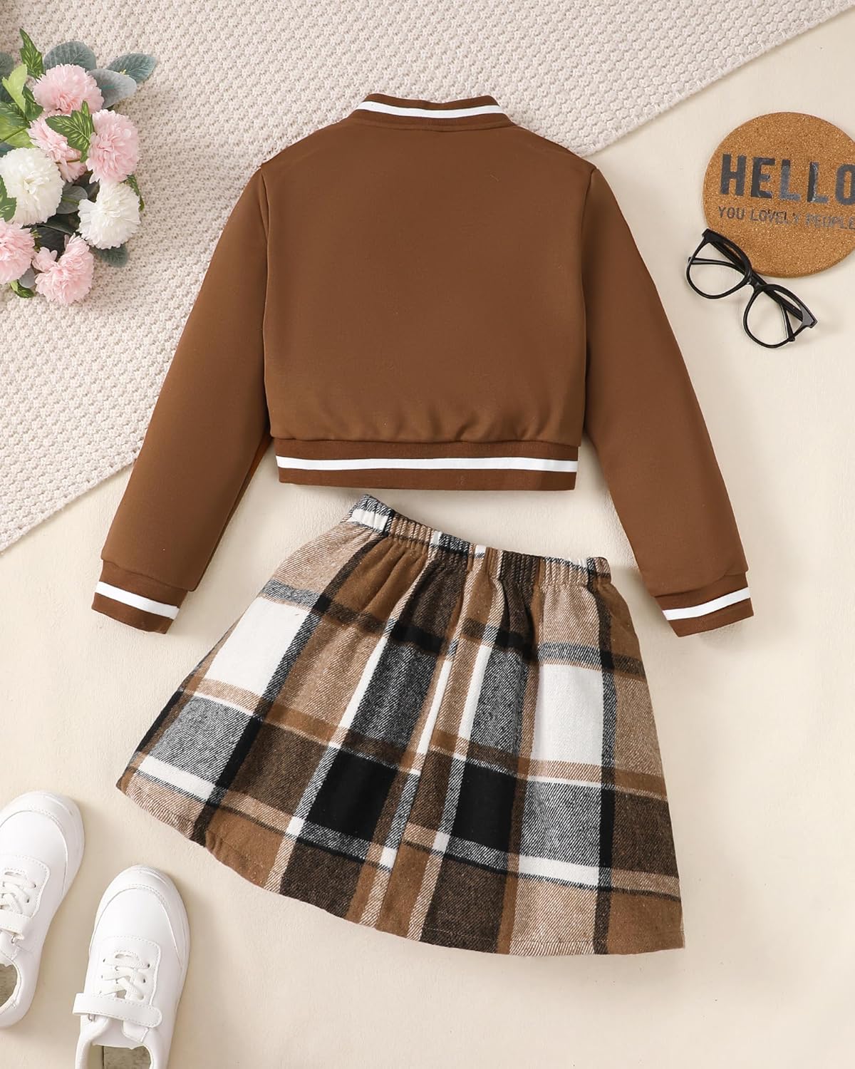 Girls 2 Piece Outfits Skirt Set Button up Jacket Sweatshirt and Pleated Mini Skirts Fall Winter Clothes Size 7-14Y