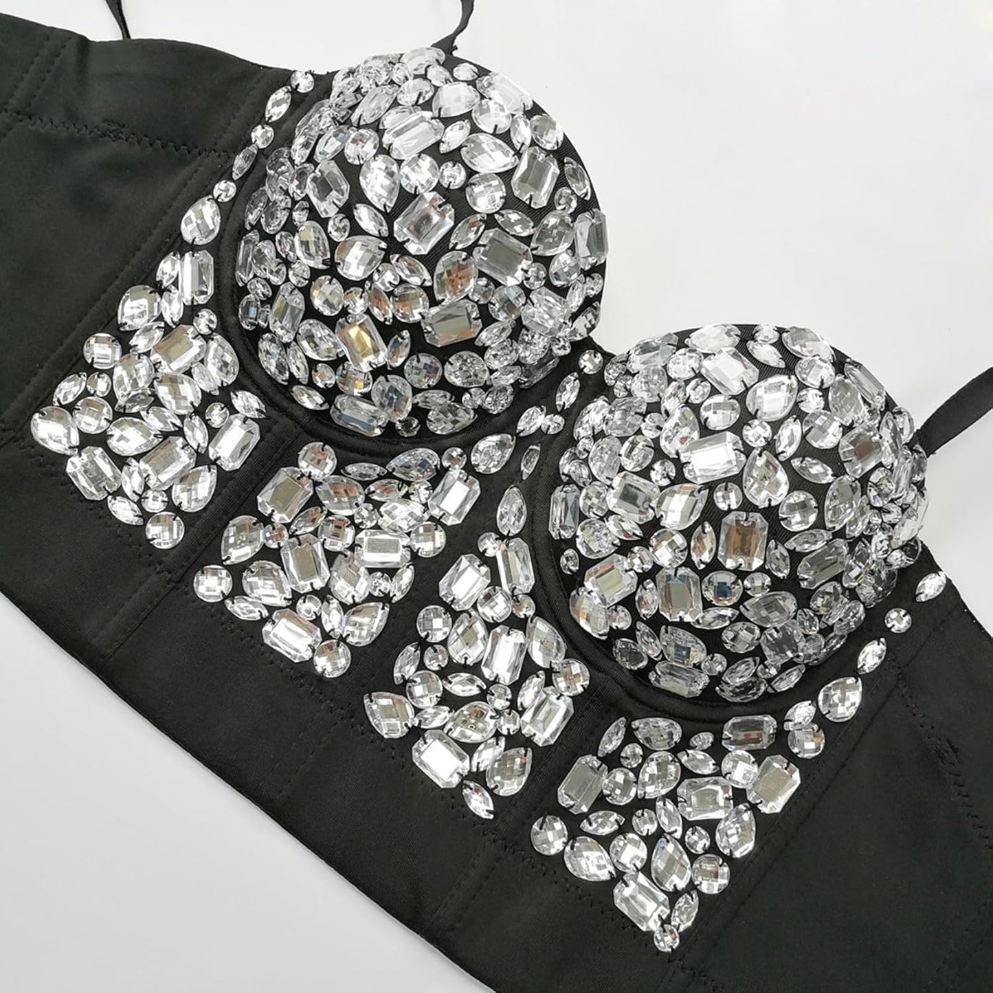 Women's Handmade Rhinestone Diamond Push up Bustier Crop Top Punk Corset Bra Vest