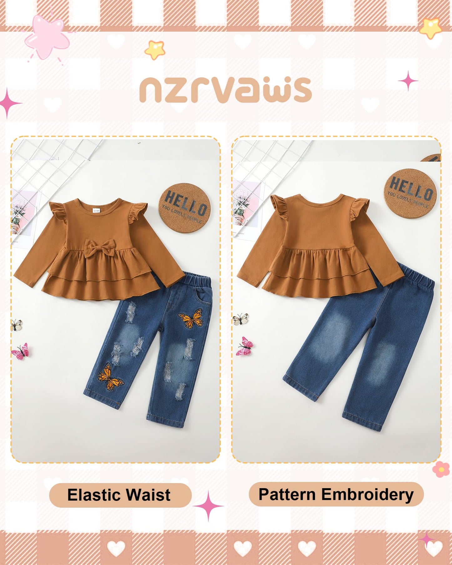 NZRVAWS Baby Girl Clothes Toddler Girl Outfits Infant Ruffle Shirt Denim Ripped Jeans Cute Clothing Set