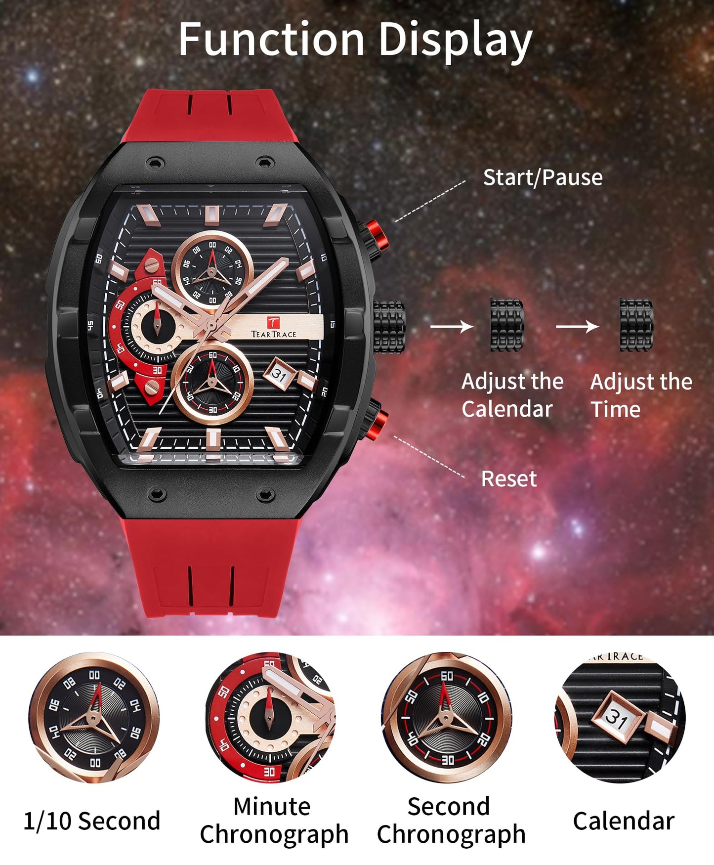 Watches for Men Analog Quartz Waterproof Sport Men’s Watch Tonneau Chronograph Luminous Fashionable Unique Casual Watch with Silicone Strap