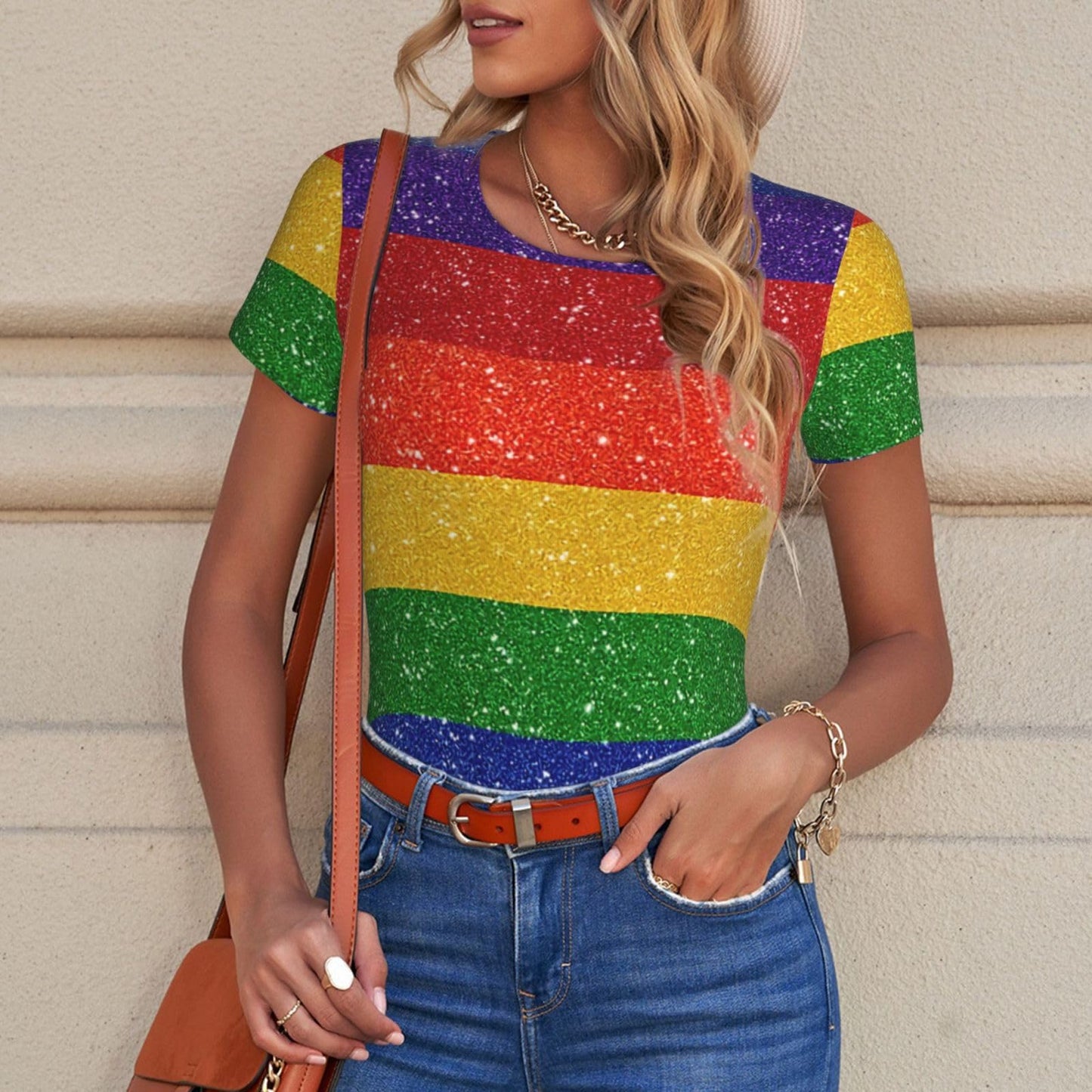 Serape Rainbow Stripes Mexican Pattern Women’s Short Sleeve Bodysuit Round Neck Onesie Stretchy One-Piece Jumpsuit