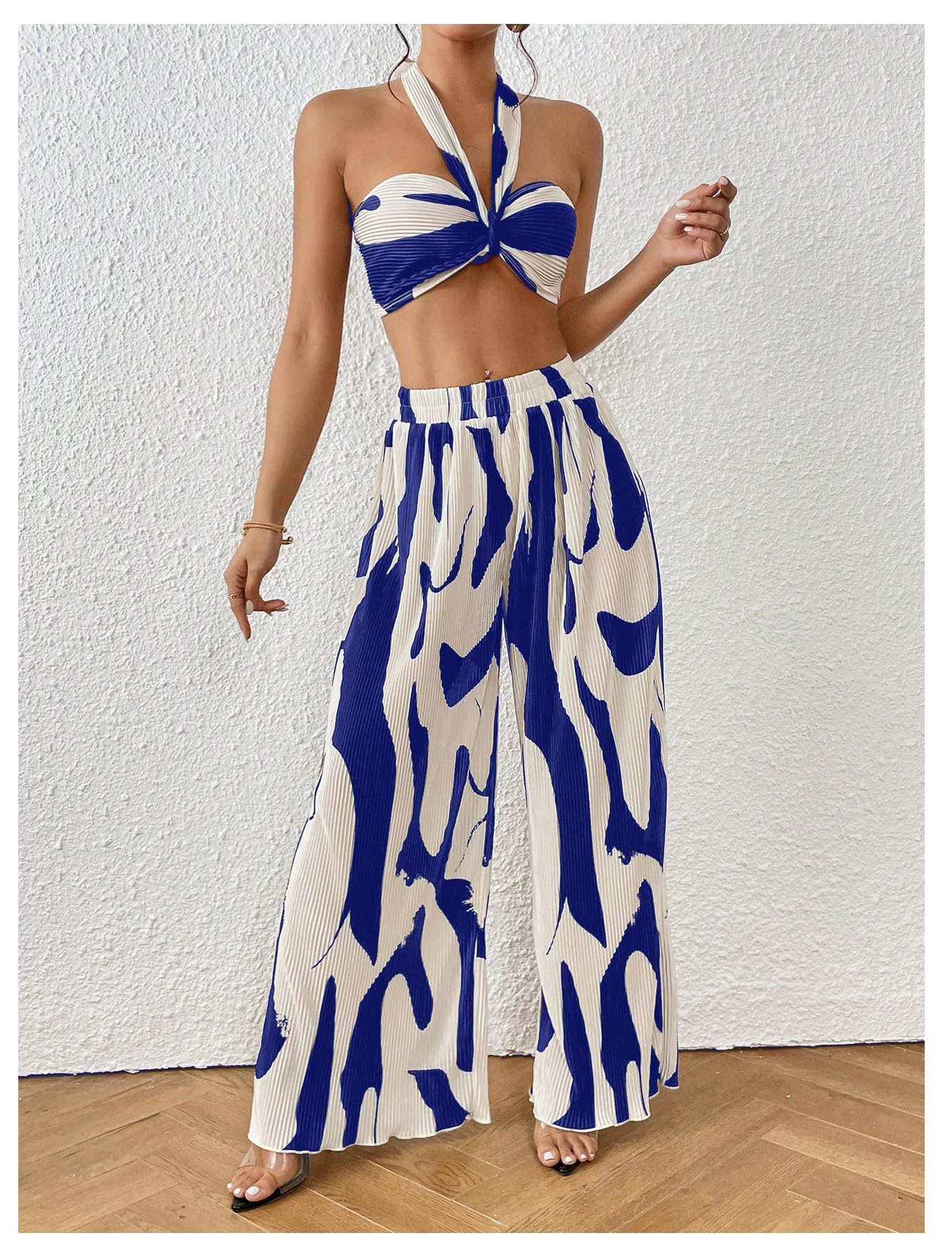 OYOANGLE Women's 2 Piece Outfits Graphic Print Knitted Crop Halter Top and Wide Leg Pants Set
