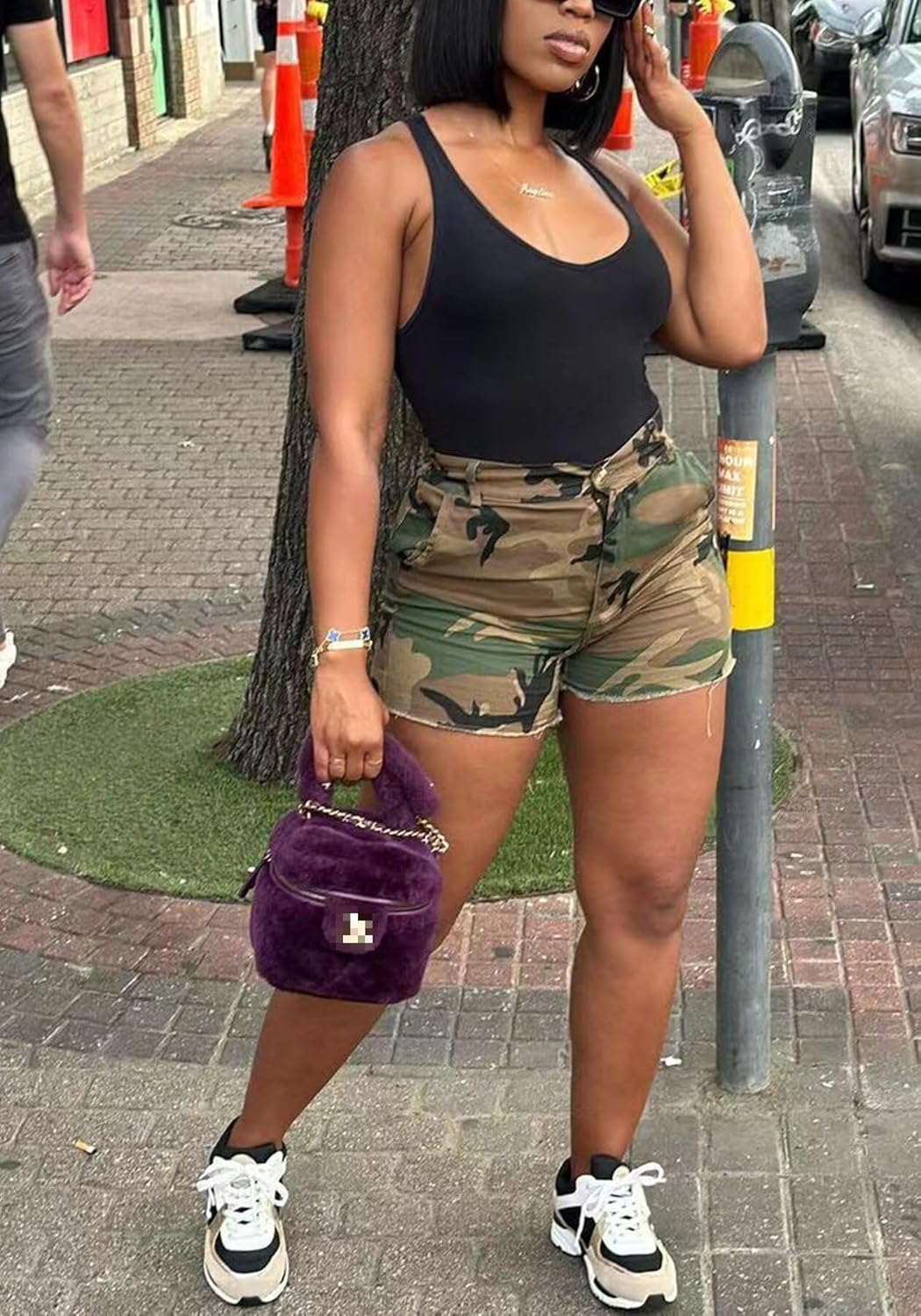 Seltaon Women’s Camo Cargo Shorts Casual High Waisted Ripped Frayed Camouflage Shorts Army Fatigue Shorts with Pockets