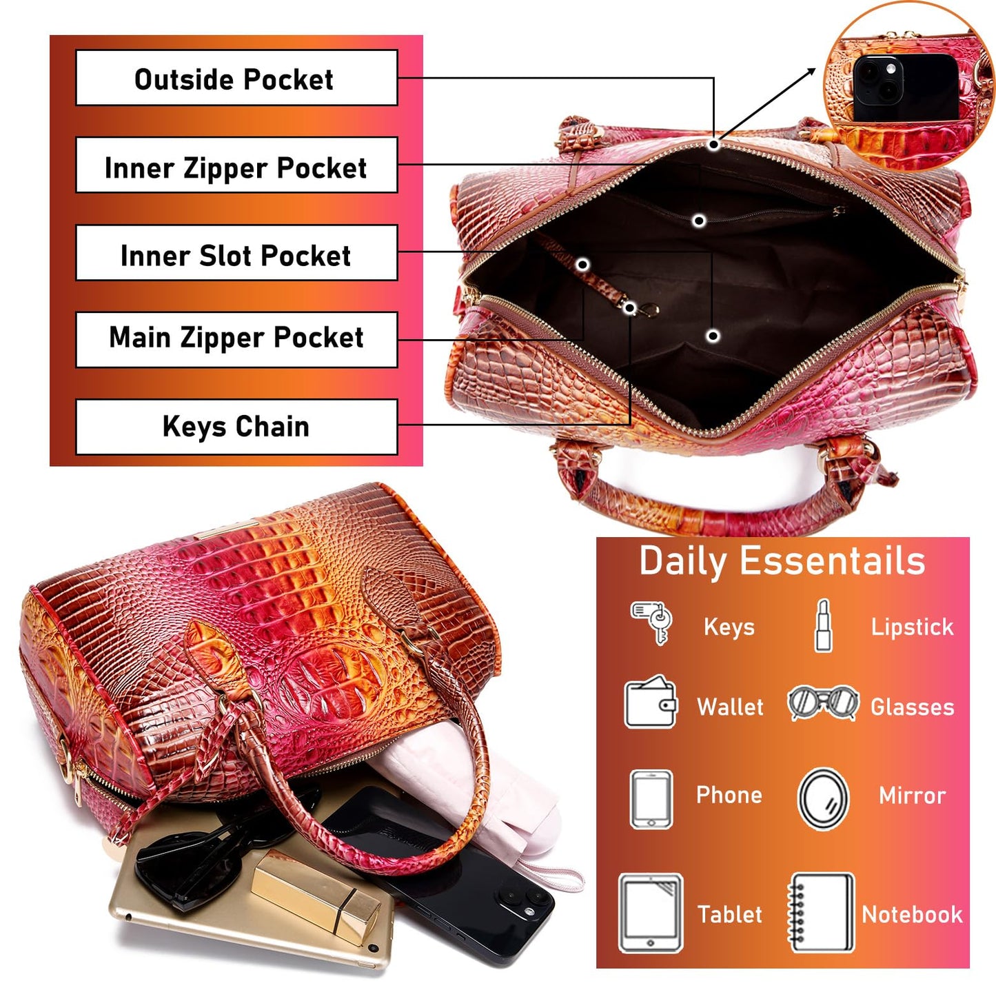 Top-Handle Crocodile Purses For Women Crossbody Leather Bags Trendy Large Capacity Tote with Shoulder Strap