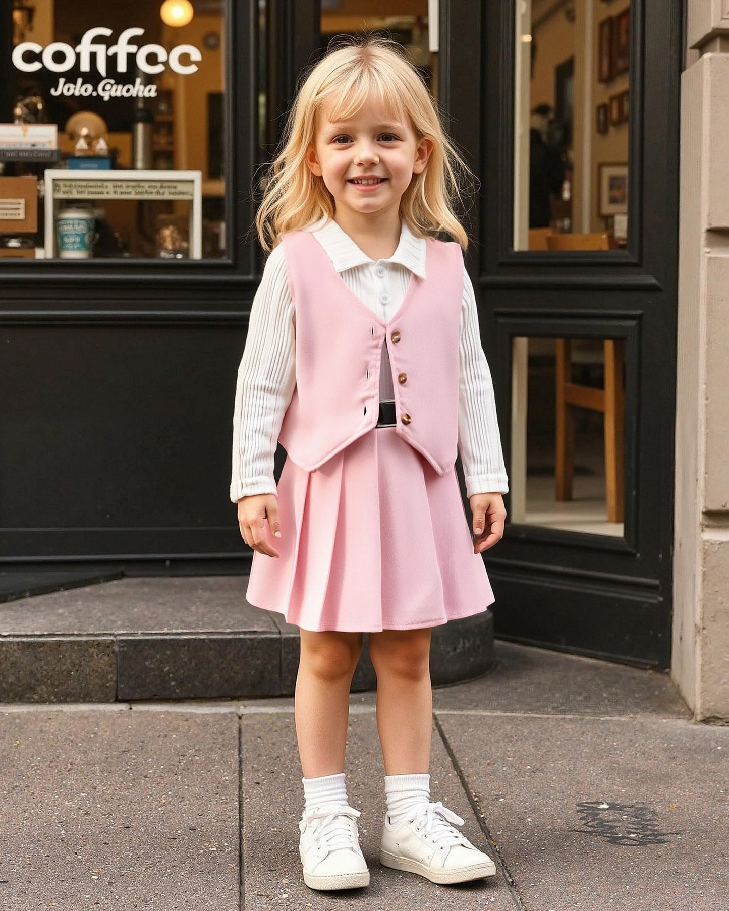 HINTINA Toddler Little Girl Sleeveless Button Vest Ribbed Long Sleeve Collar Top And Pleated Skirt With Belt