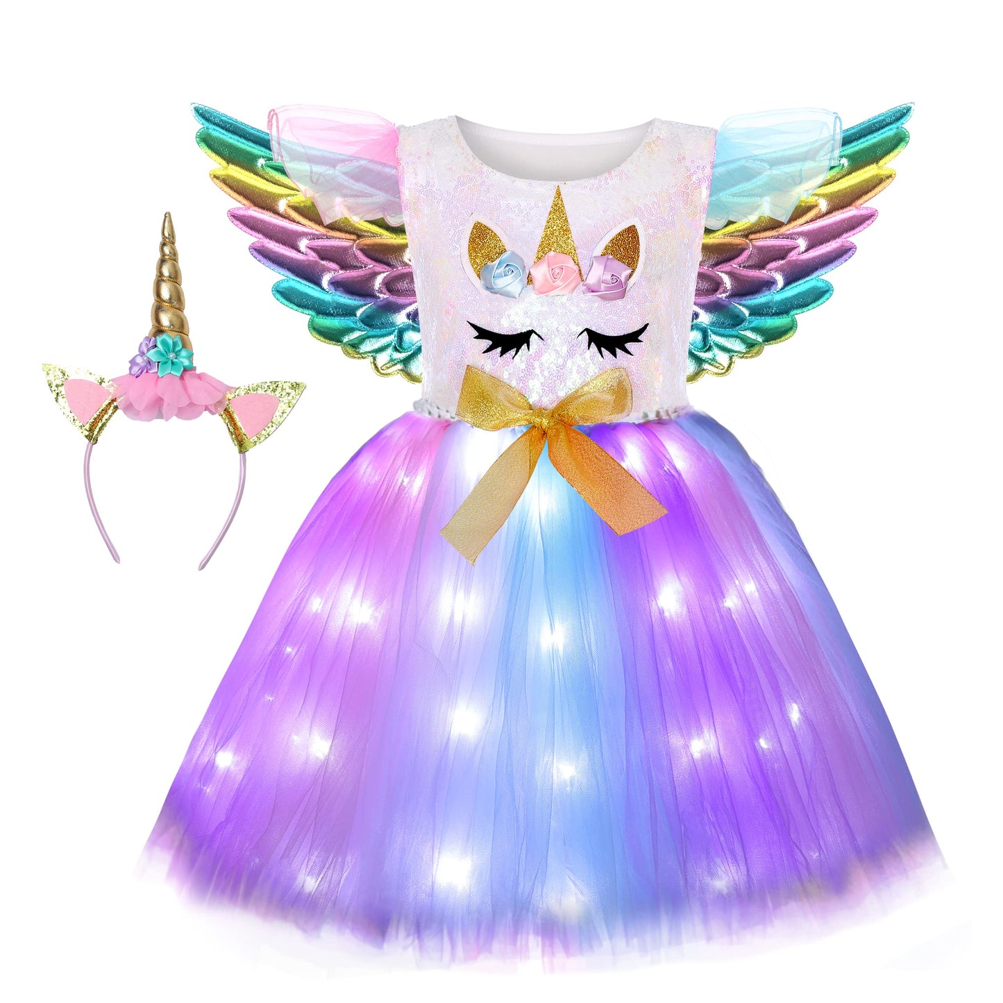 Soyoekbt Girls Unicorn Costume LED Light Up Unicorn Dress Birthday Party Princess Dress for Halloween Party