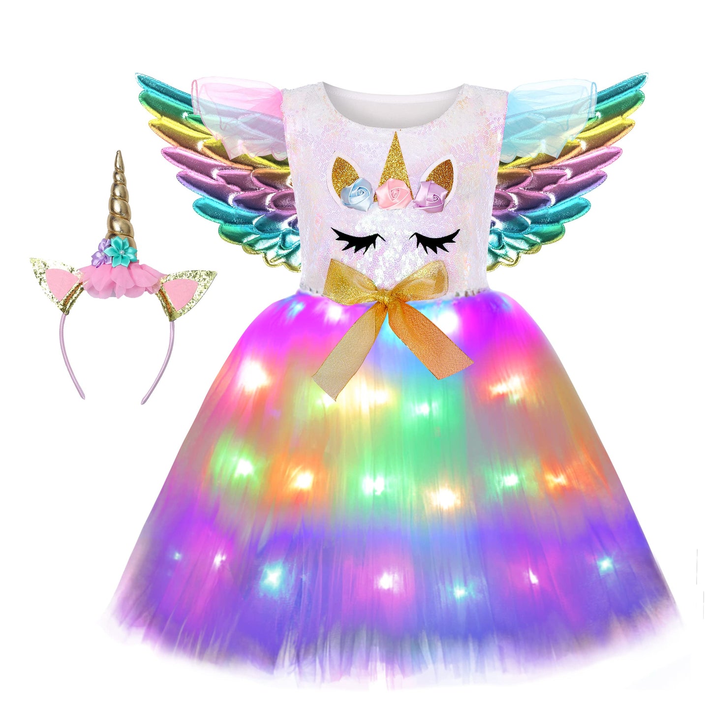 Soyoekbt Girls Unicorn Costume LED Light Up Unicorn Dress Birthday Party Princess Dress for Halloween Party