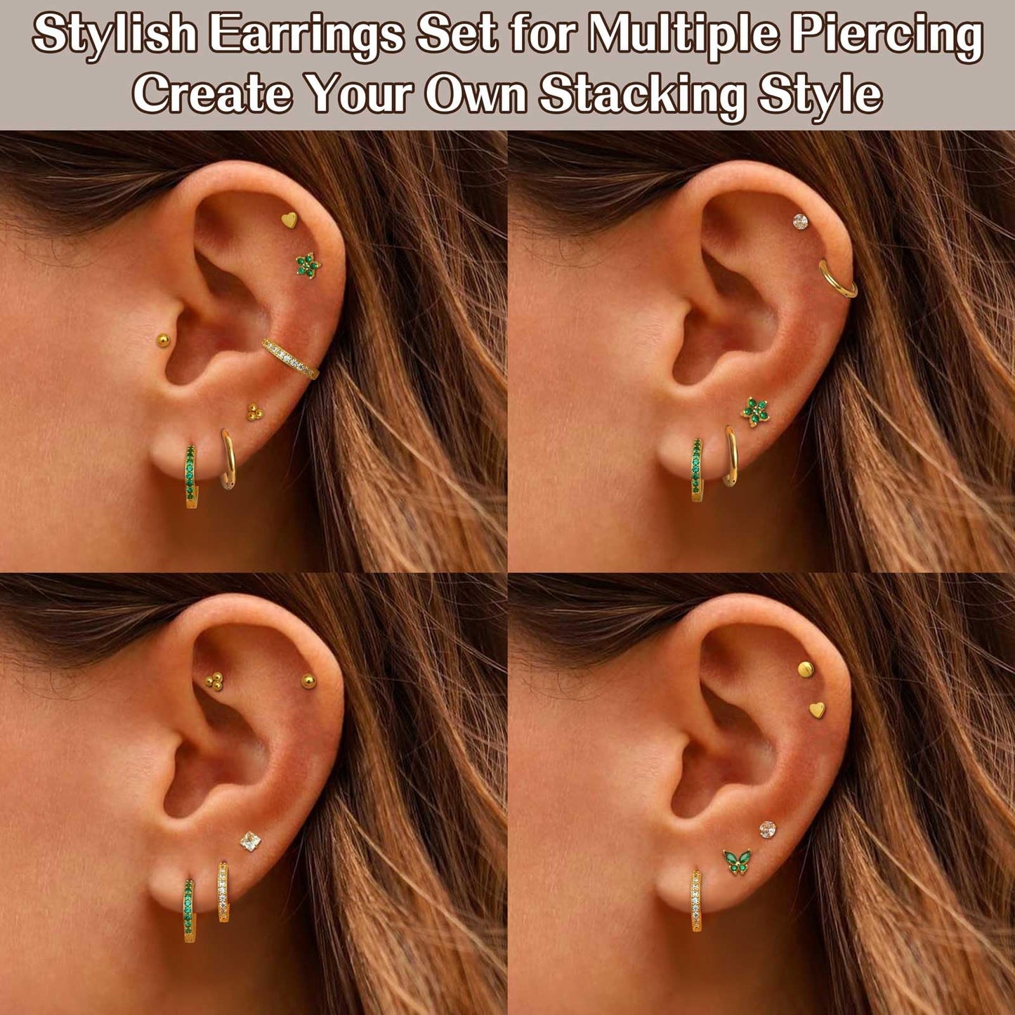 Jstyle Hypoallergenic Surgical Steel Earrings for Sensitive Ears 14K Gold Flat Back Earrings for Women Men Small Stainless Steel Earrings Flatback Stud Hoop Cartilage Earring Set for Multiple Piercing